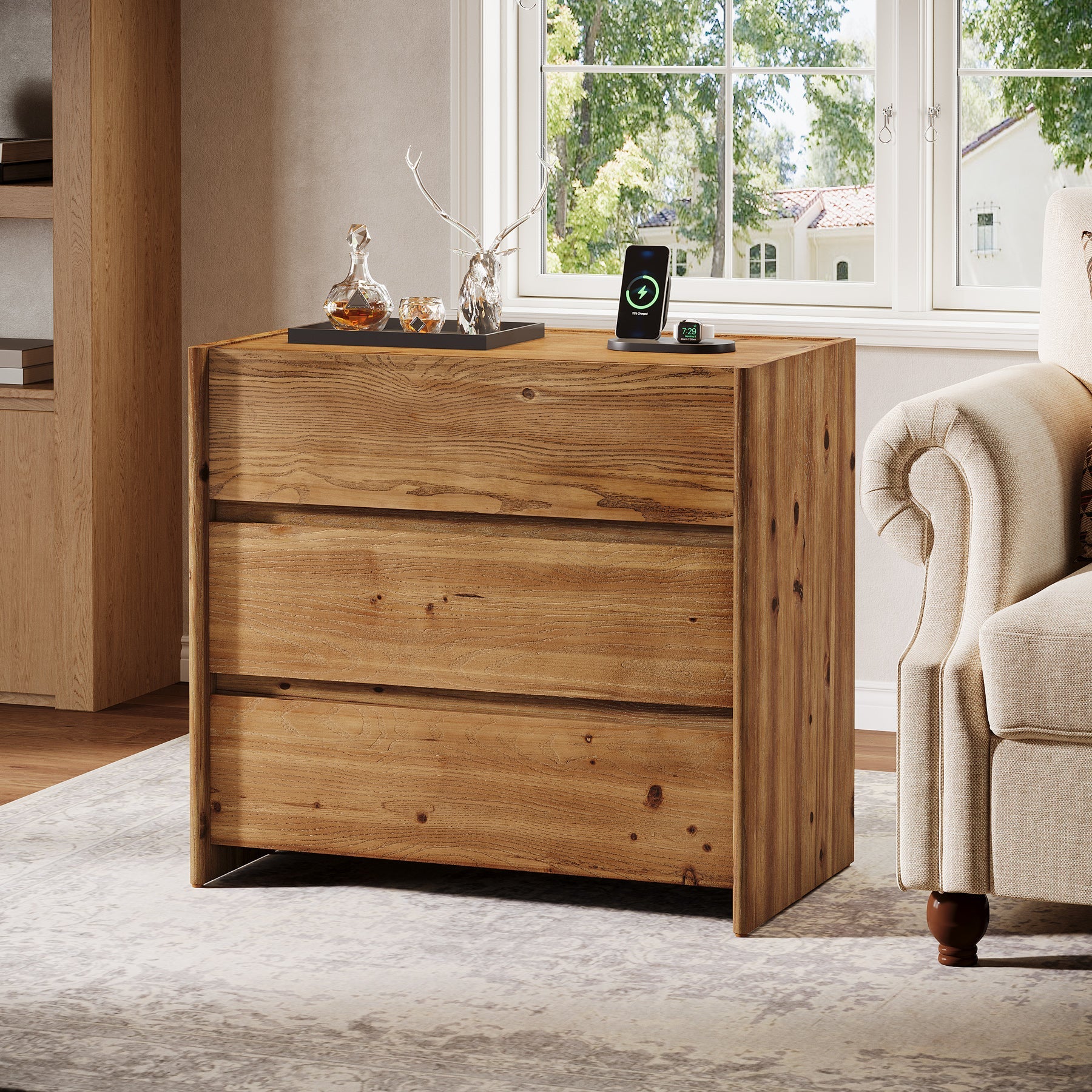 Oversized Solid Wood Nightstand, 31.5" Wide Bedside Table with 3 Drawers