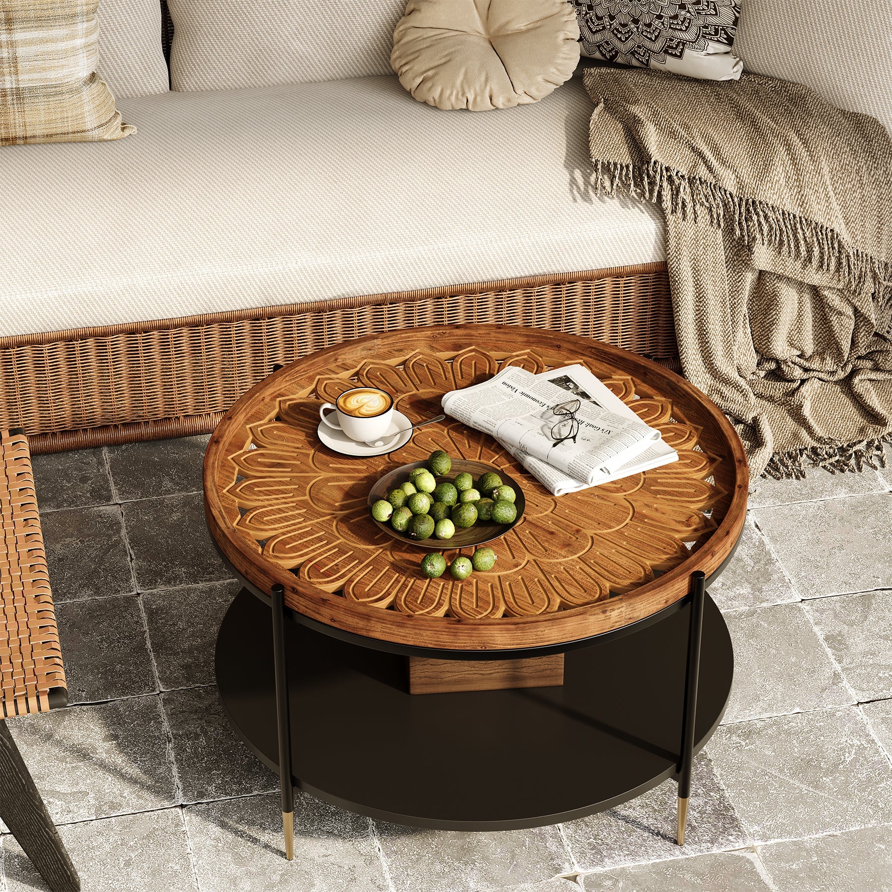Solid Wood Round Coffee Table, 31.5" Center Tea Table with Metal Frame