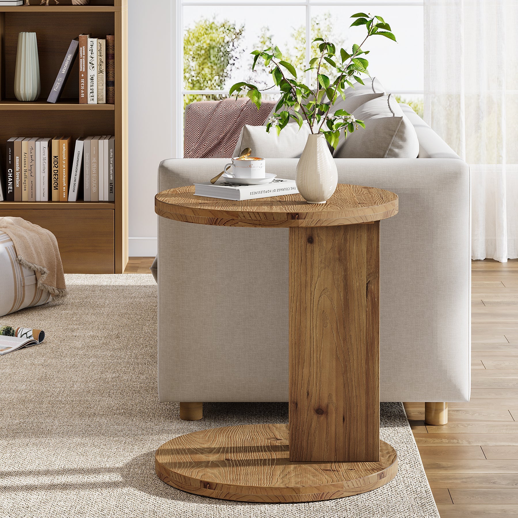 Solid Wood End Table, C-Shaped Round Side Table for for Living Room