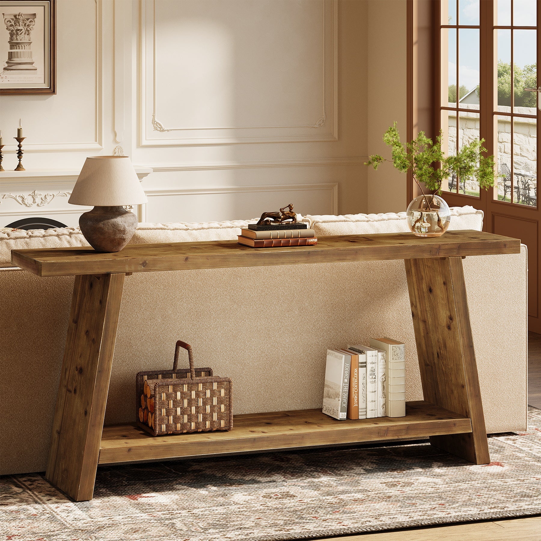 Solid Wood Console Table, 70.9" Sofa Table Behind Couch with 2-Tier Storage