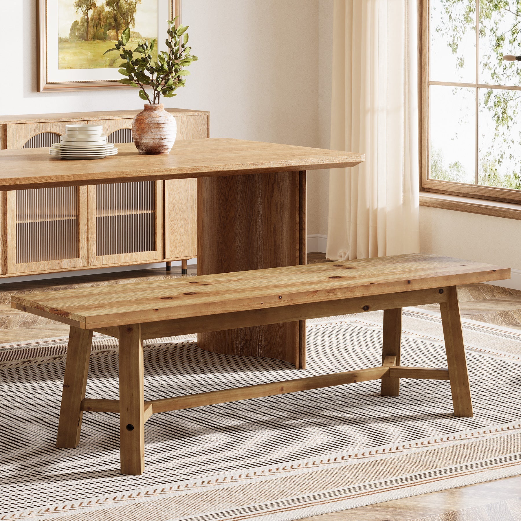 Solid Wood Dining Bench, 55.12" Kitchen Bench with Strengthened Legs