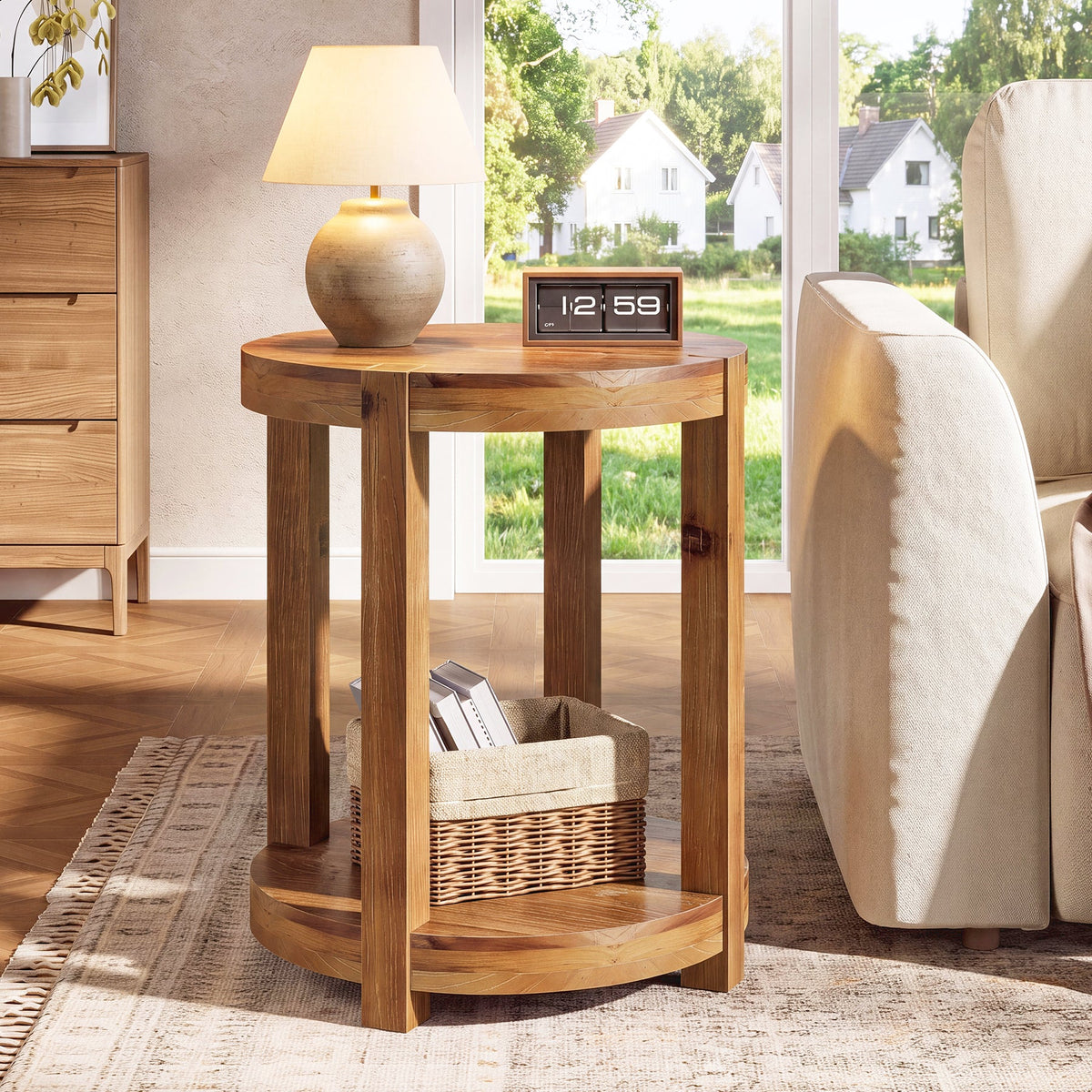 20.08" Round Solid Wood End Table, 2-Tier Side Table with Storage Shelf for Living Room
