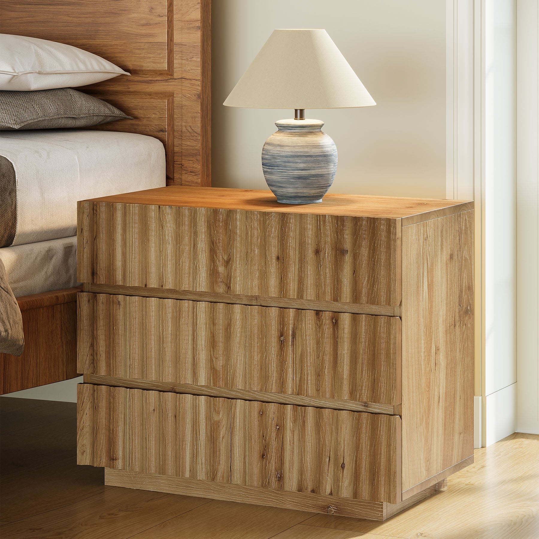 Oversized Solid Wood Nightstand, 31.5" Bedside Table with 3 Drawers