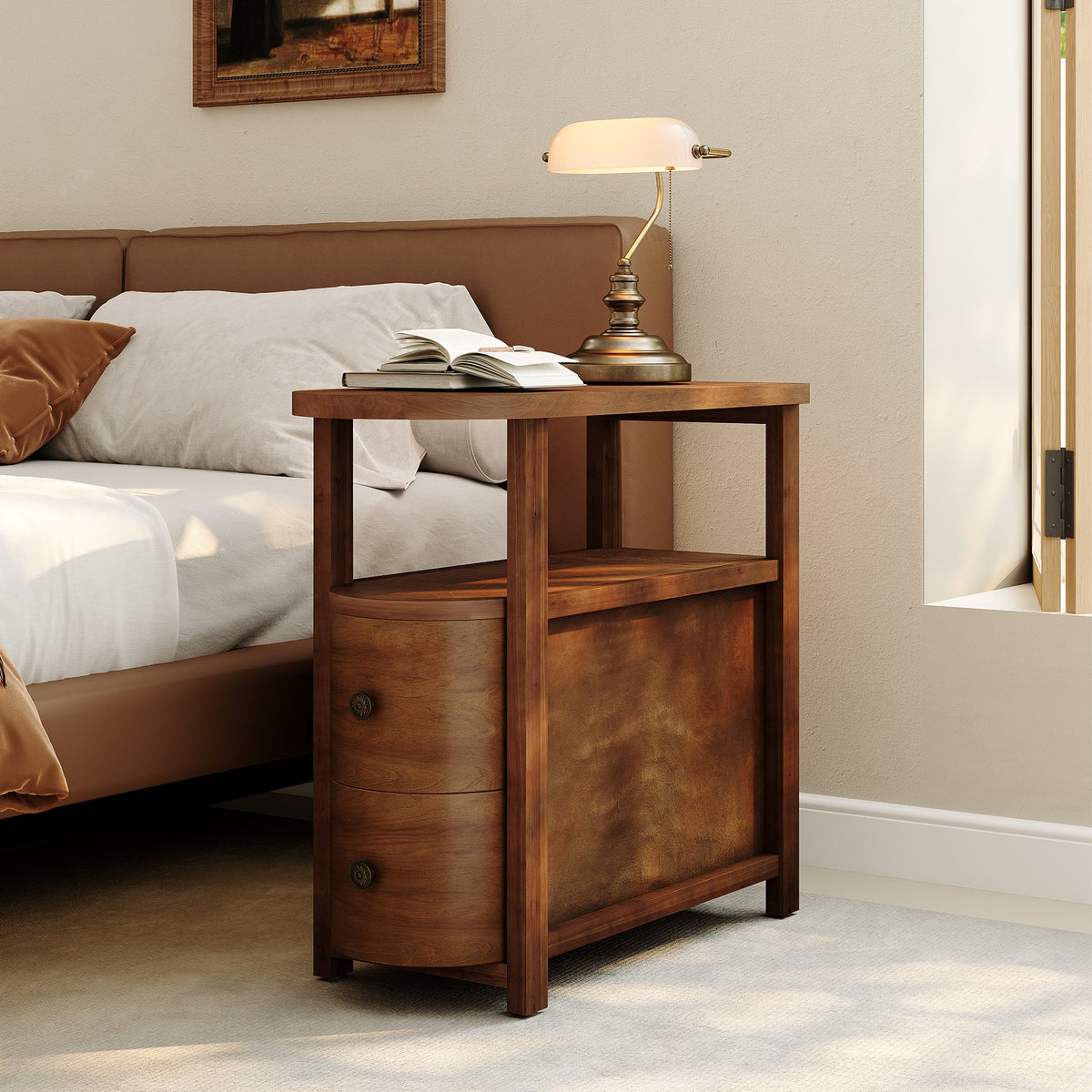 Solid Wood End Table, Slim Side Table with 2 Drawers & Open Shelf