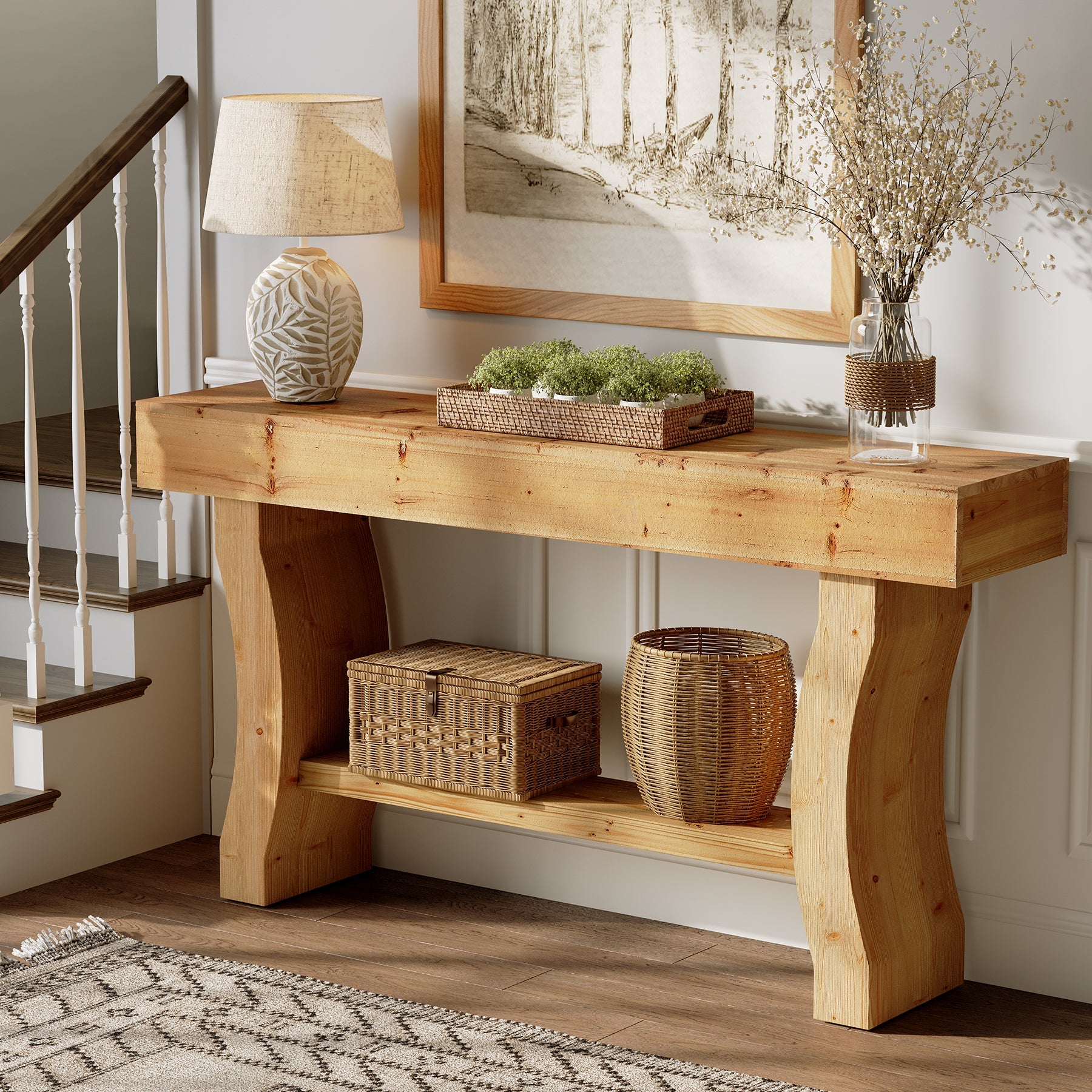 Solid Wood Console Table, 59" Sofa Table with Stable Curved Legs