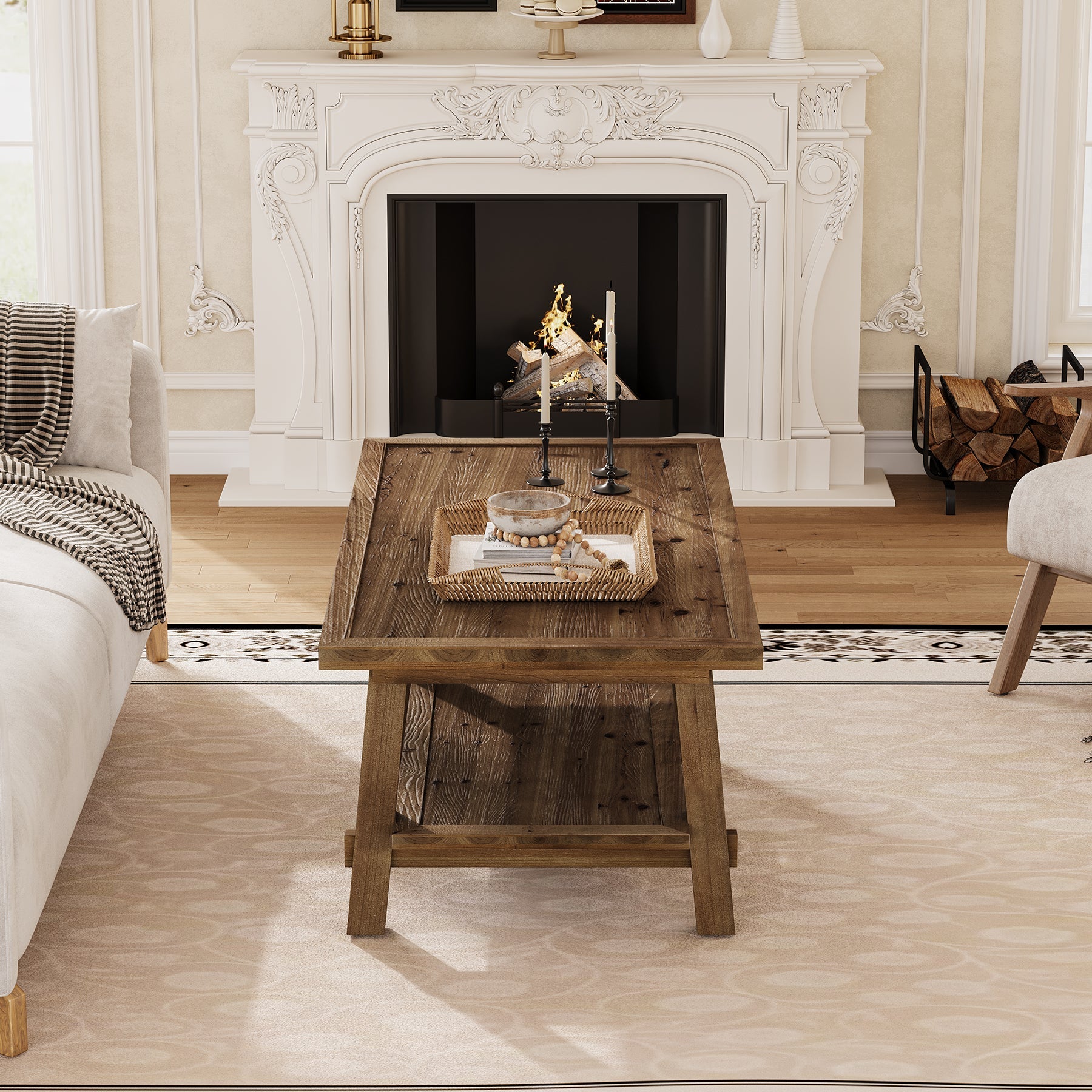 Solid Wood Coffee Table, 47" Rectangle Center Table with 2-Tier Shelves