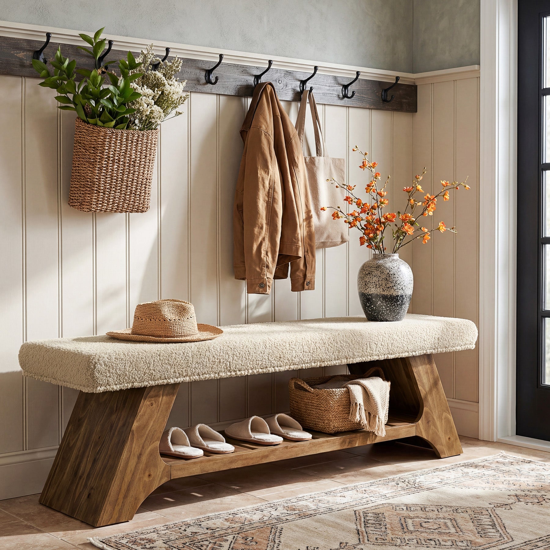 55" Solid Wood Upholstered Bench, 2-Tier Entryway Shoe Storage Bench
