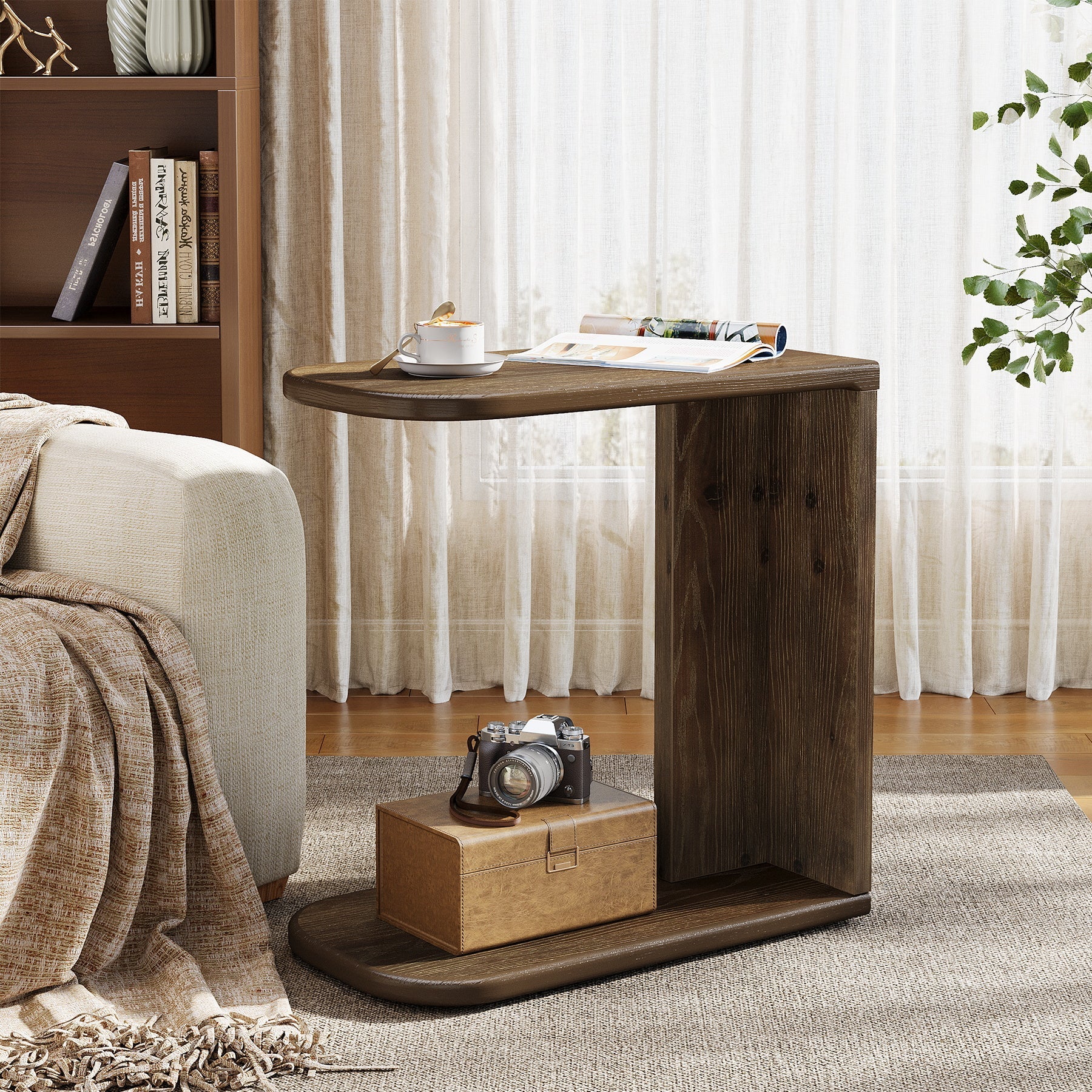 Solid Wood End Table, C-Shaped Sofa Side Table for Living Room