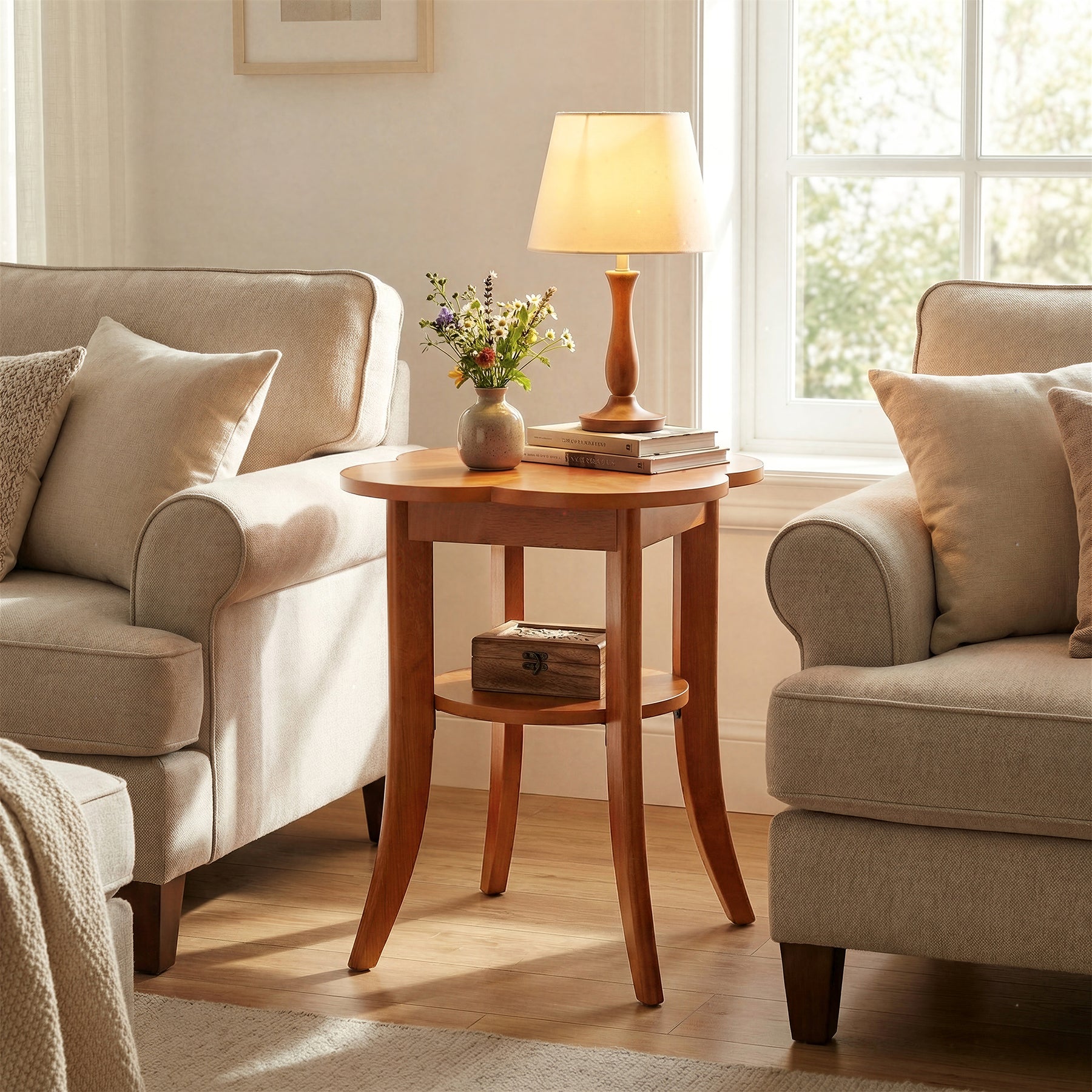 Solid Wood End Table, 2-Tier Sofa Side Table with Storage Shelf