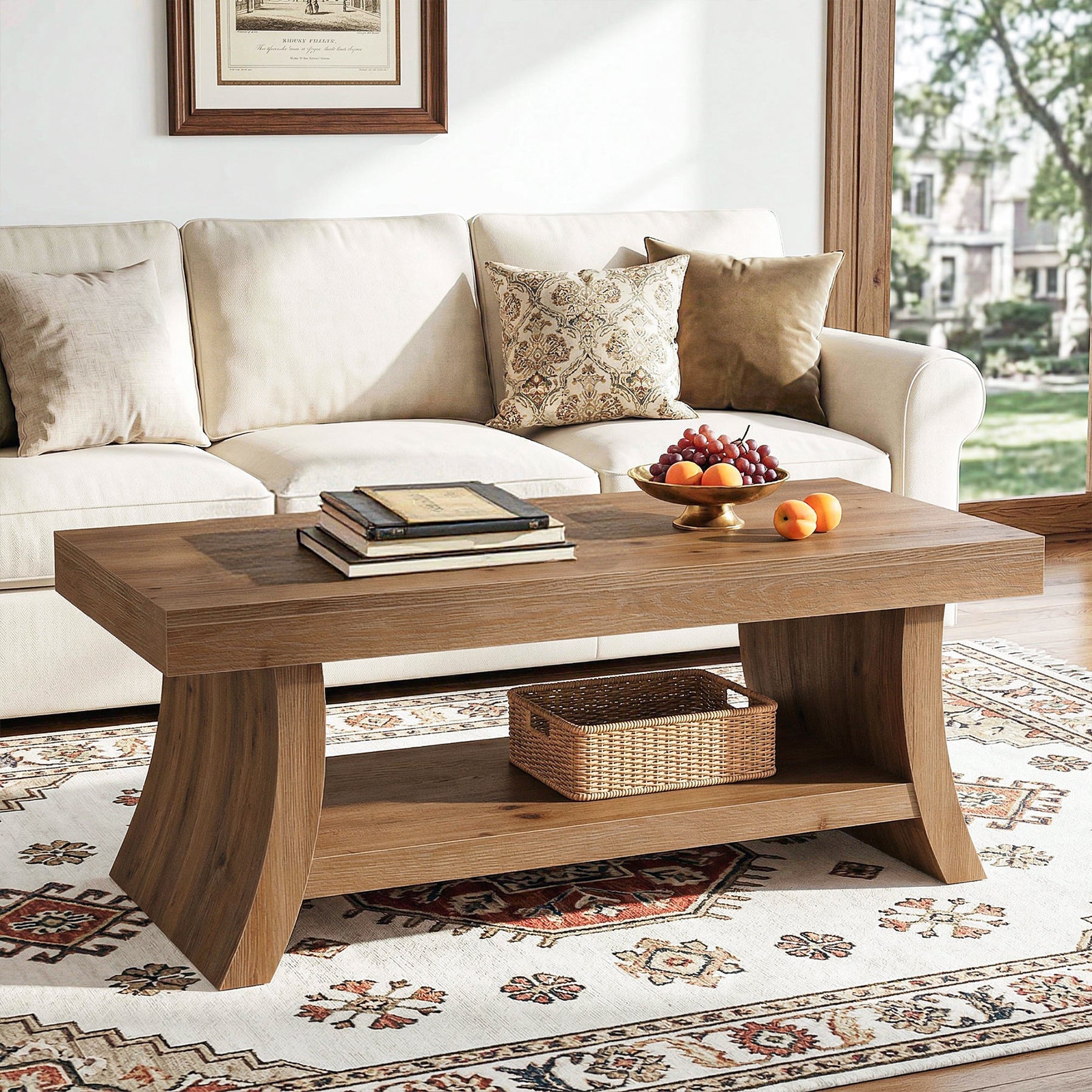 Solid Wood Coffee Table with Storage Shelf, 47.2" Center Table with Curved Base
