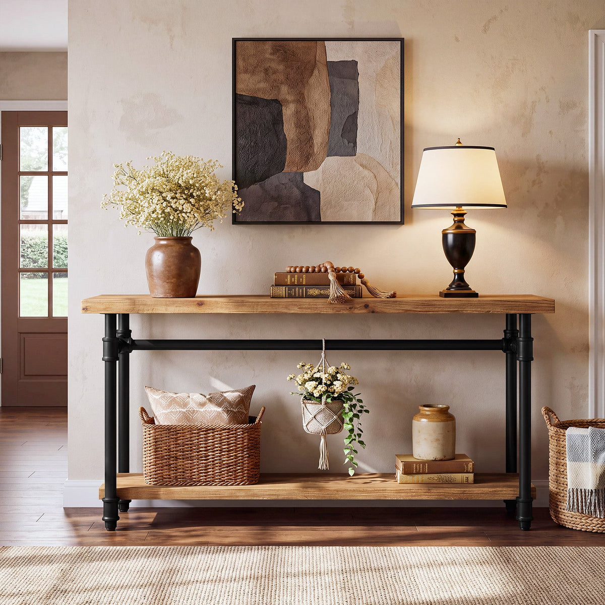 63" Solid Wood Console Table, Narrow Entryway Table with 2-Tier Storage & Metal Pipe Frame
