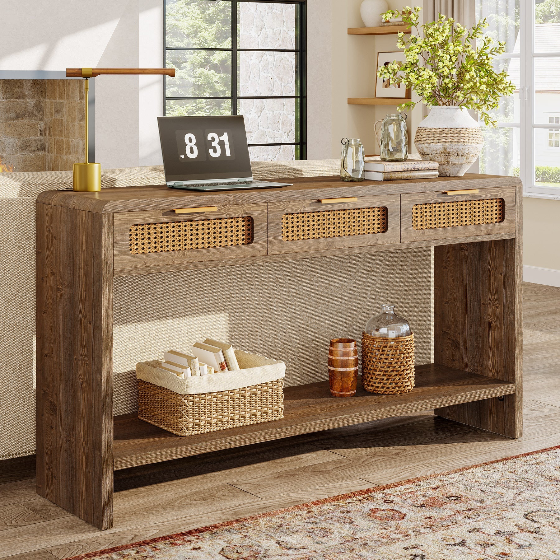 55" Entryway Table, Narrow 2-Tier Sofa Table with 3 Rattan Drawers