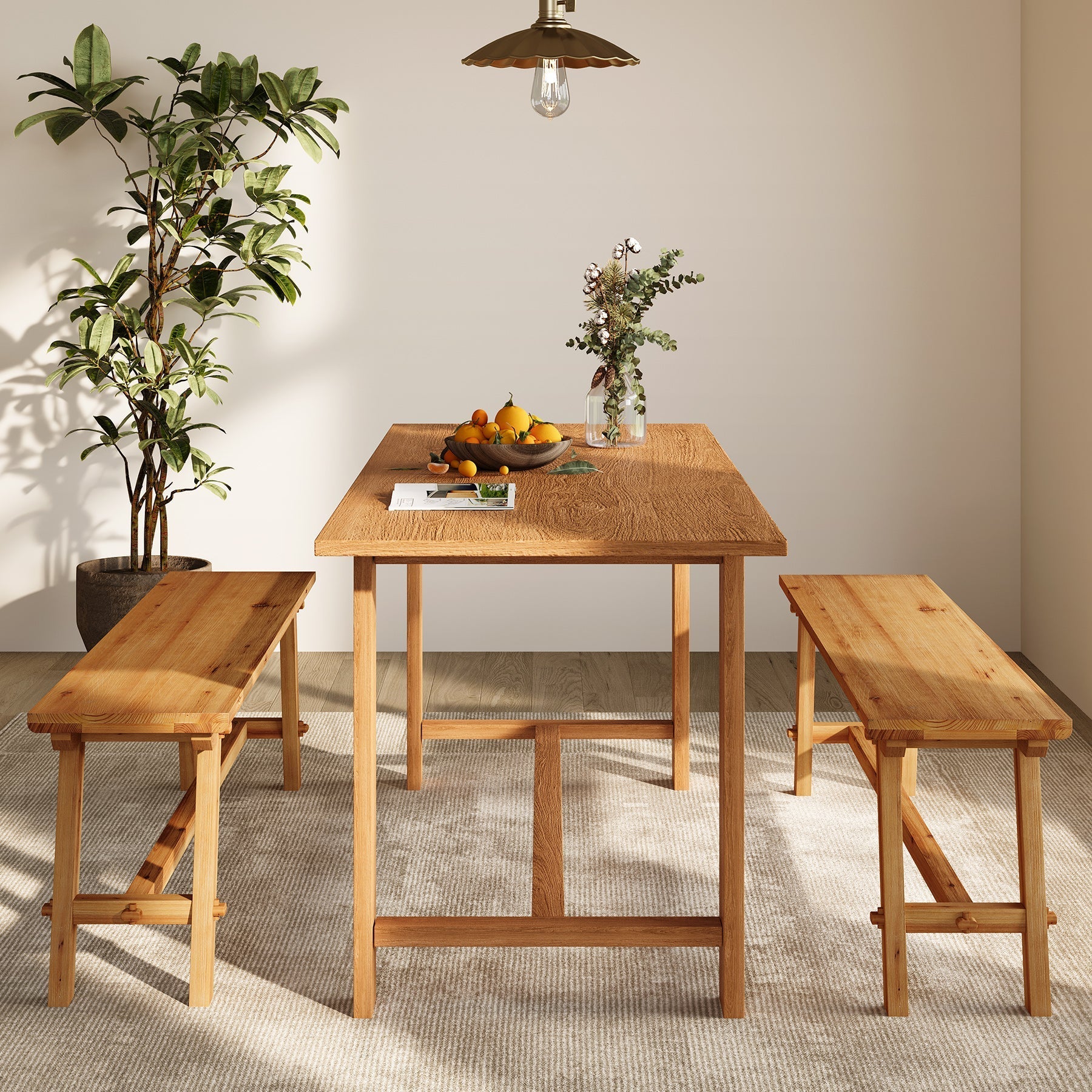 55" Farmhouse Dining Bench, Solid Wood Kitchen Table Bench with Sturdy Frame