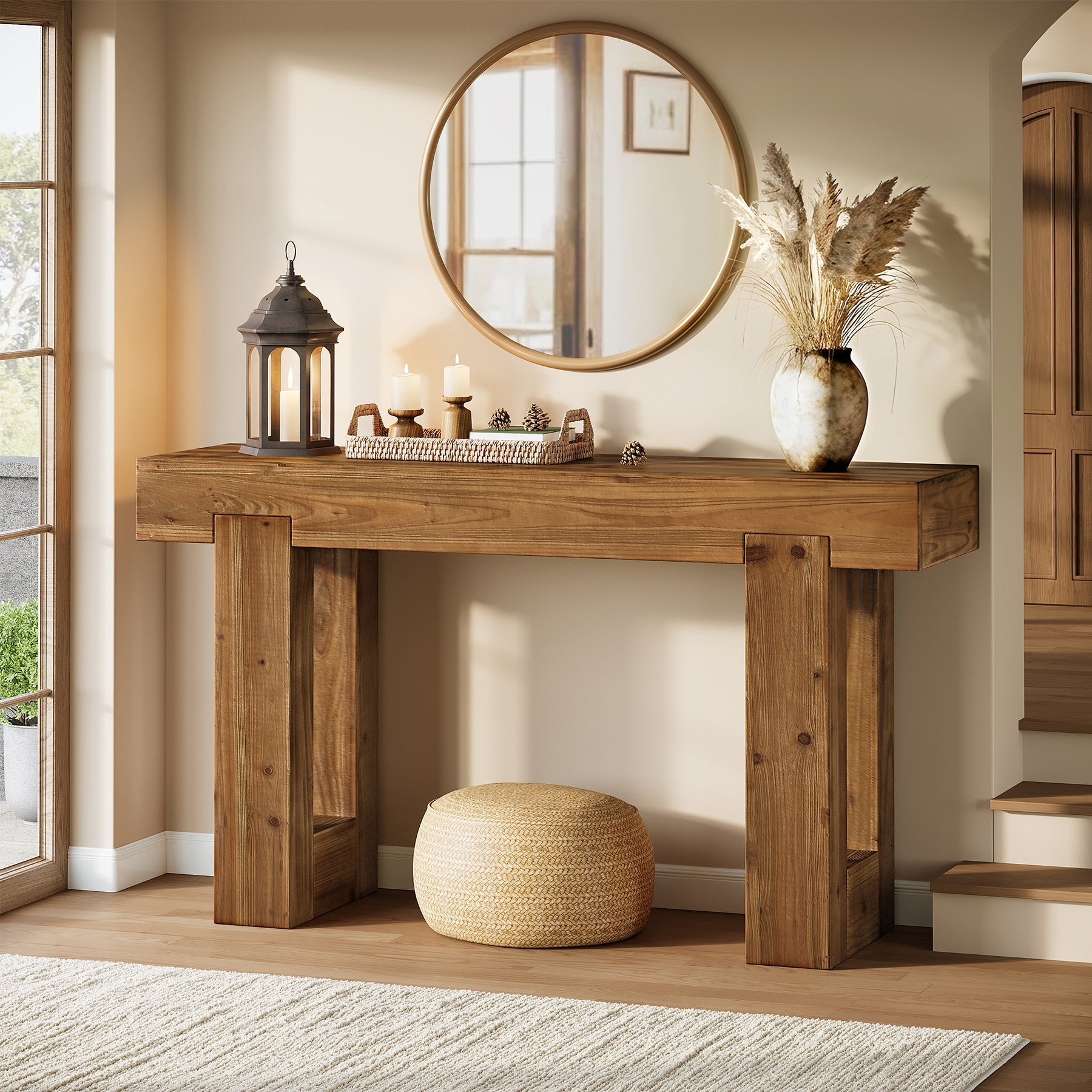 55" Rectangle Console Table, Farmhouse Solid Wood Sofa Table Entryway Furniture