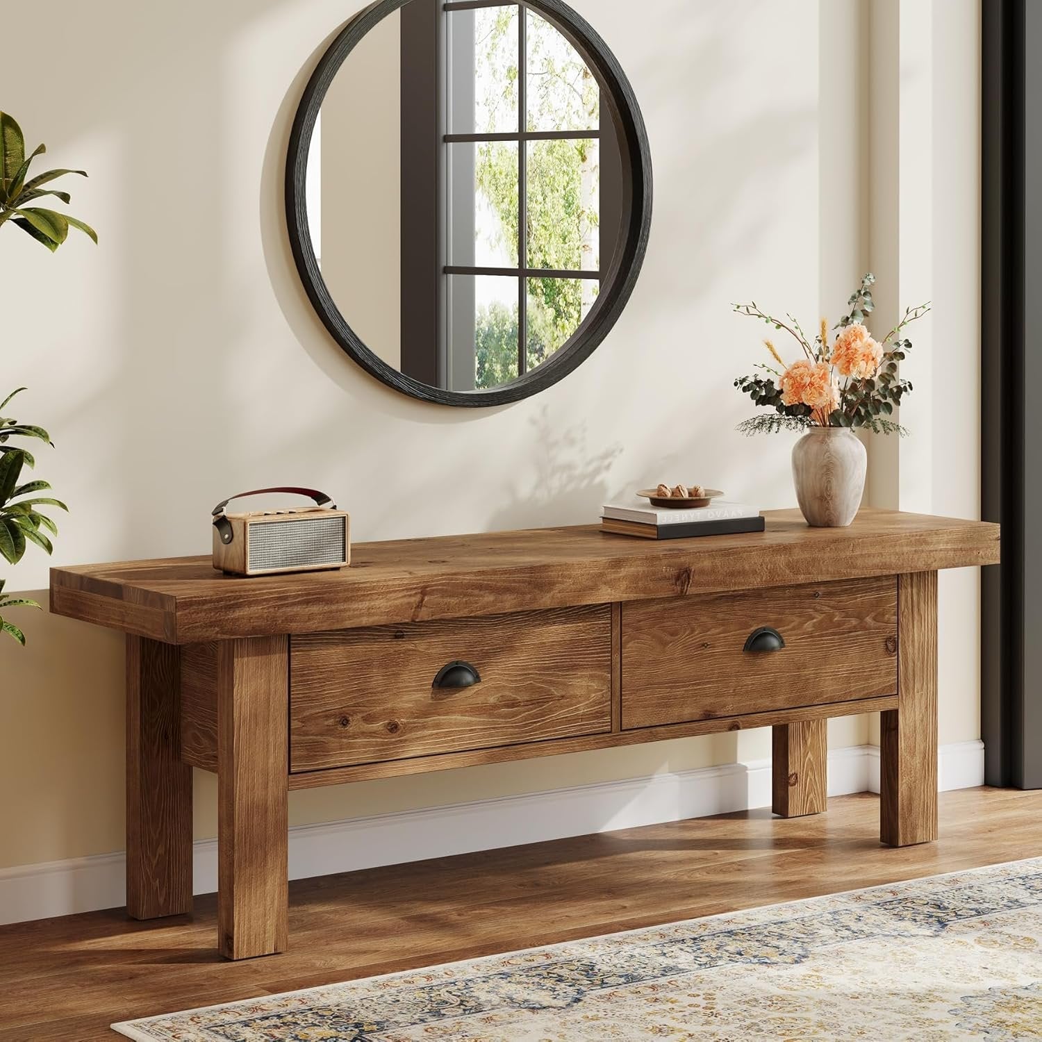 55" Solid Wood Entryway Bench, Farmhouse Long Bench End of Bed Stool with 2 Drawers