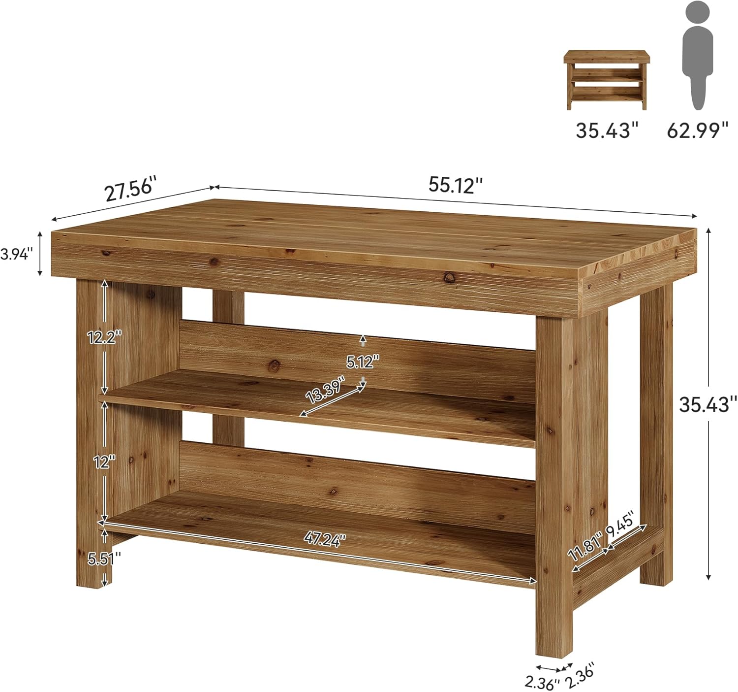 55" Wood Kitchen Island, 3-Tier Farmhouse Counter Height Coffee Bar