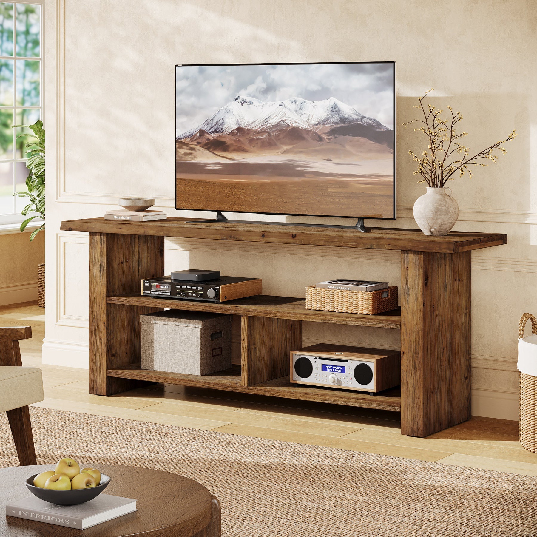 63" Solid Wood TV Stand for Up to 75 Inch TVs, Farmhouse Media Console with Open Storage Shelves