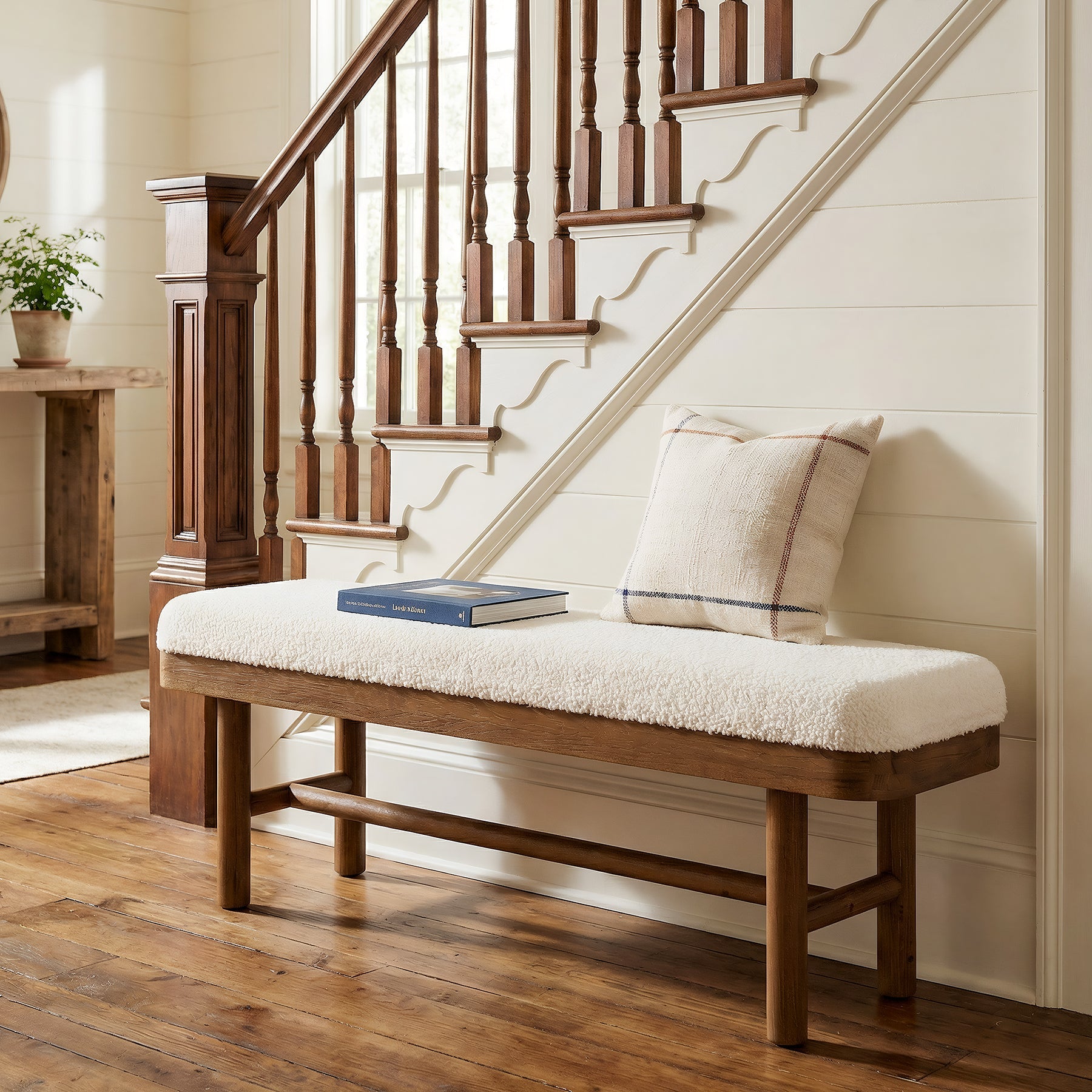 Solid Wood Shoe Bench, 55" Upholstered Entryway Bench with Removable Cushion