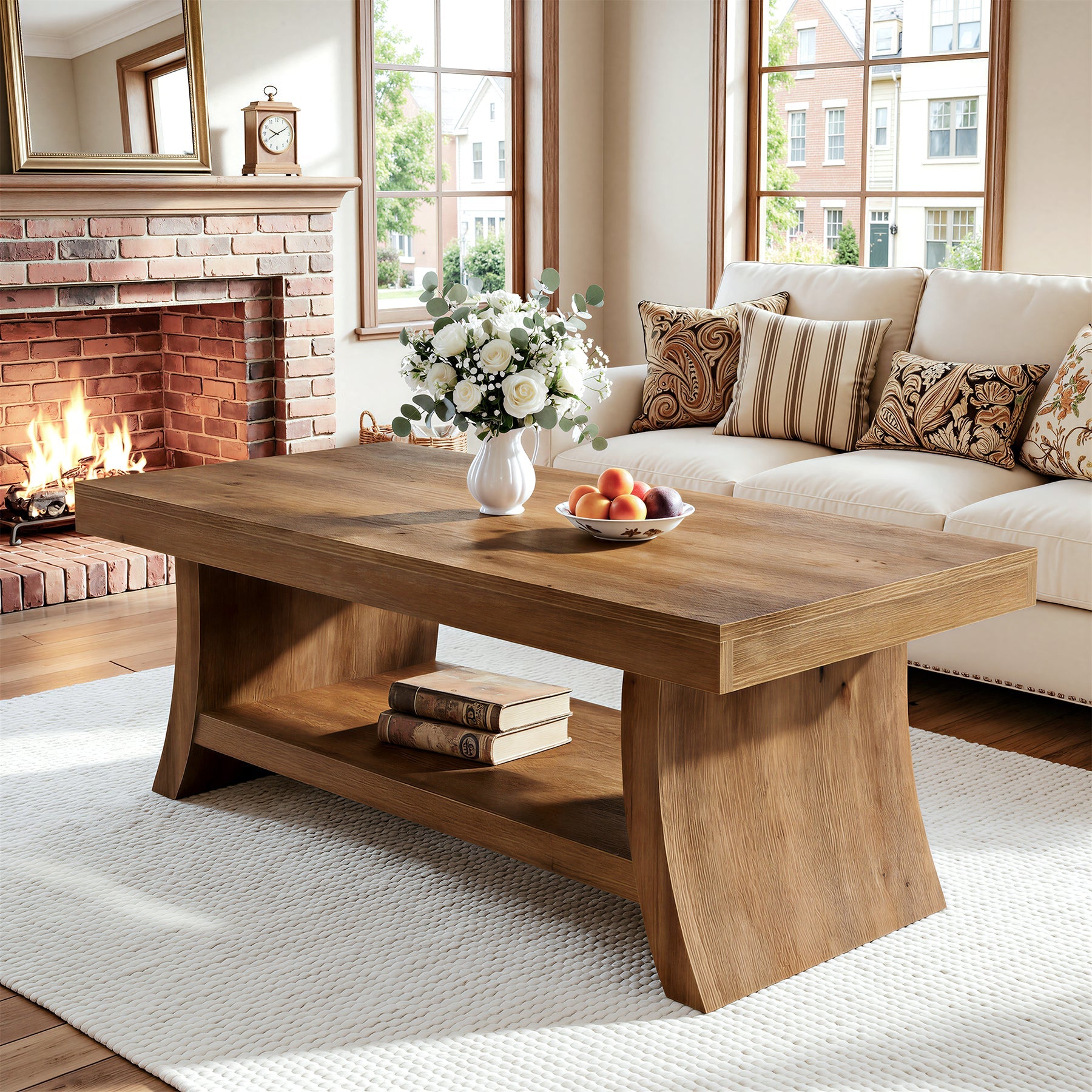 Solid Wood Coffee Table with Storage Shelf, 47.2" Center Table with Curved Base