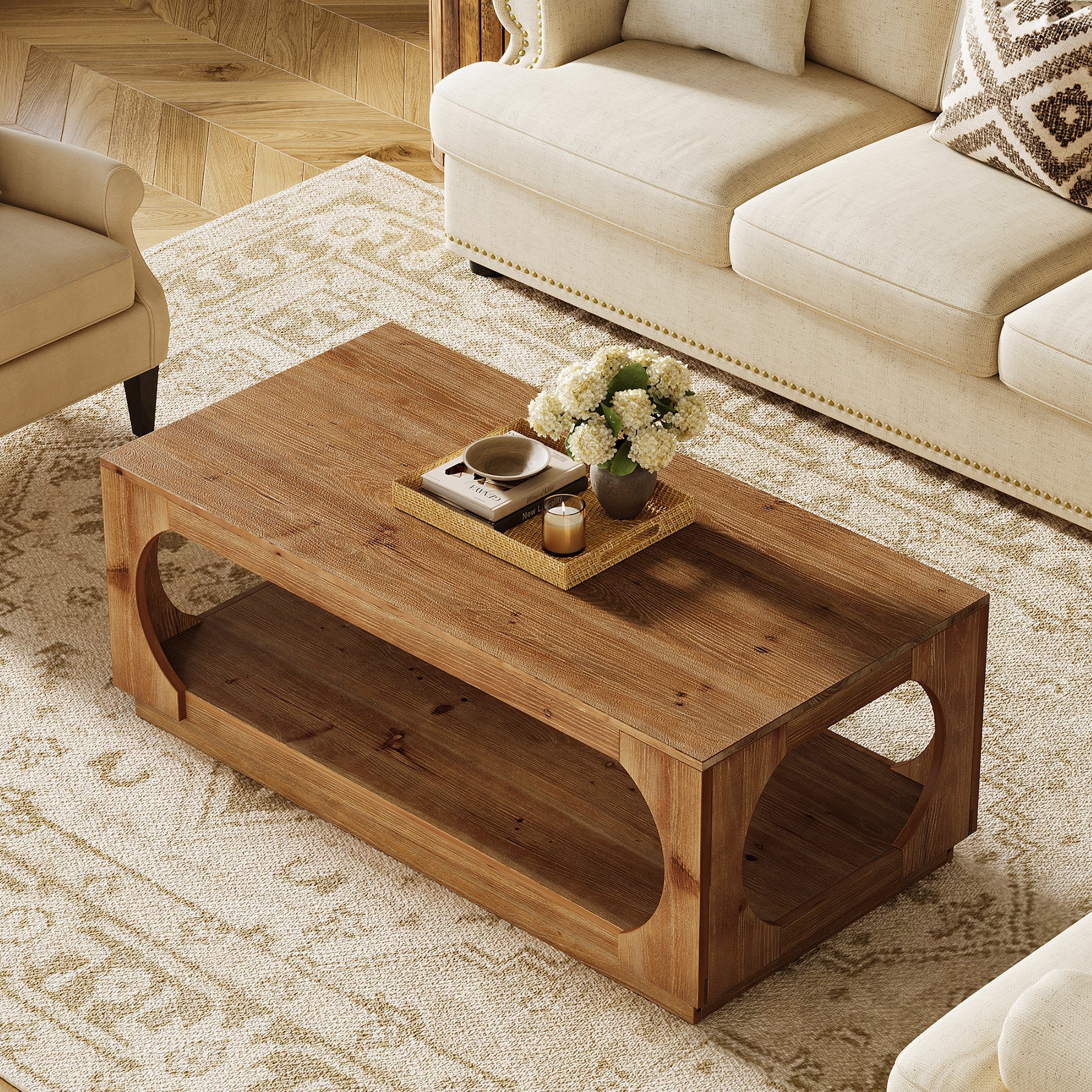 2-Tier Solid Wood Coffee Table, 47.2" Farmhouse Center Tables with Storage