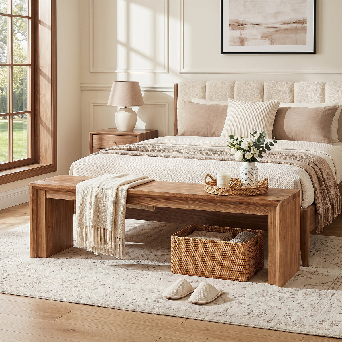 63" Solid Wood Entryway Shoe Bench, Farmhouse End of Bed Bench for 2-3 People