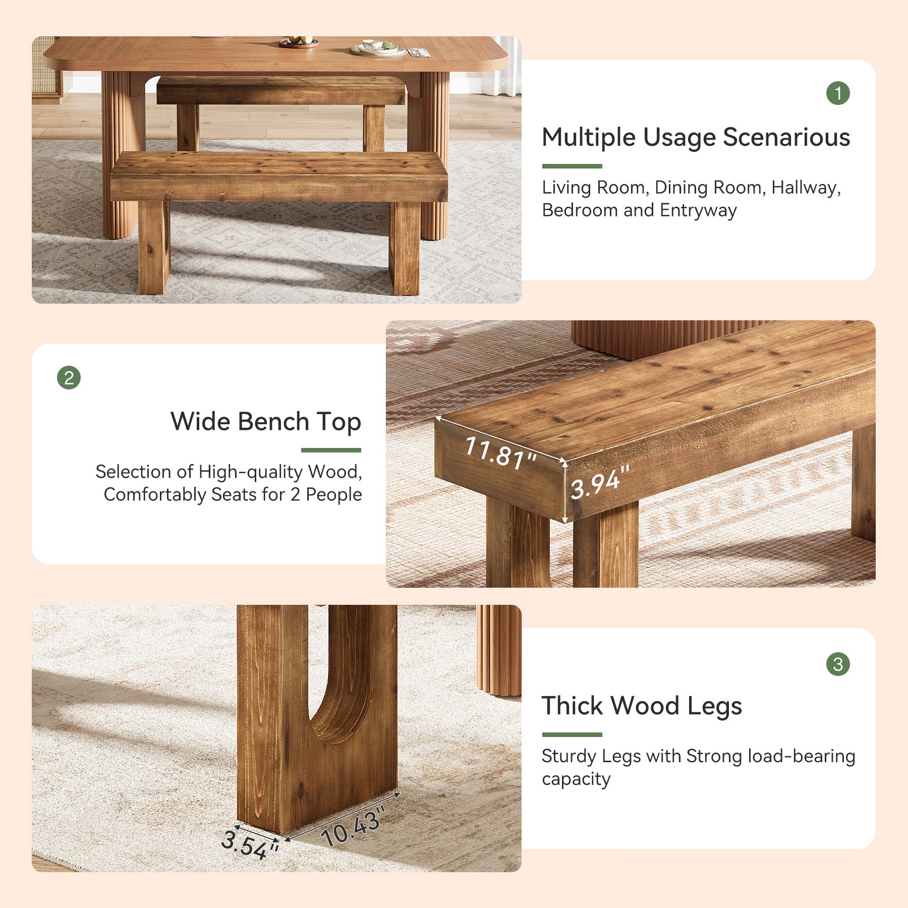 47" Wood Dining Bench, Farmhouse Kitchen Table Bench with Sturdy Legs