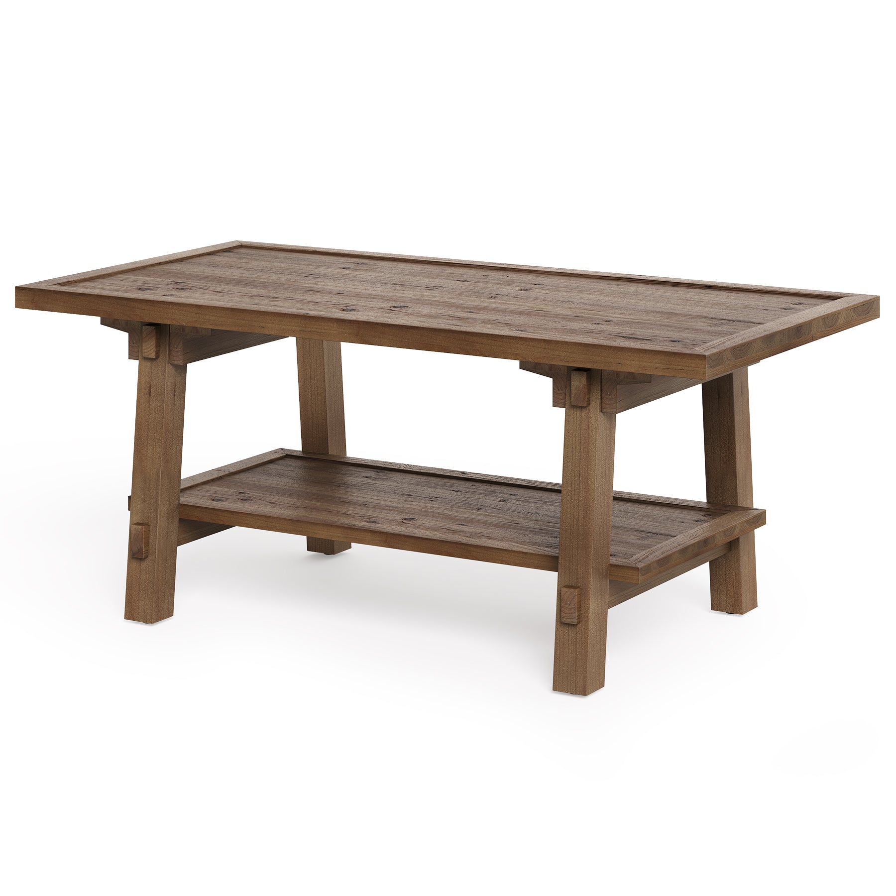 Solid Wood Coffee Table, 47" Rectangle Center Table with 2-Tier Shelves