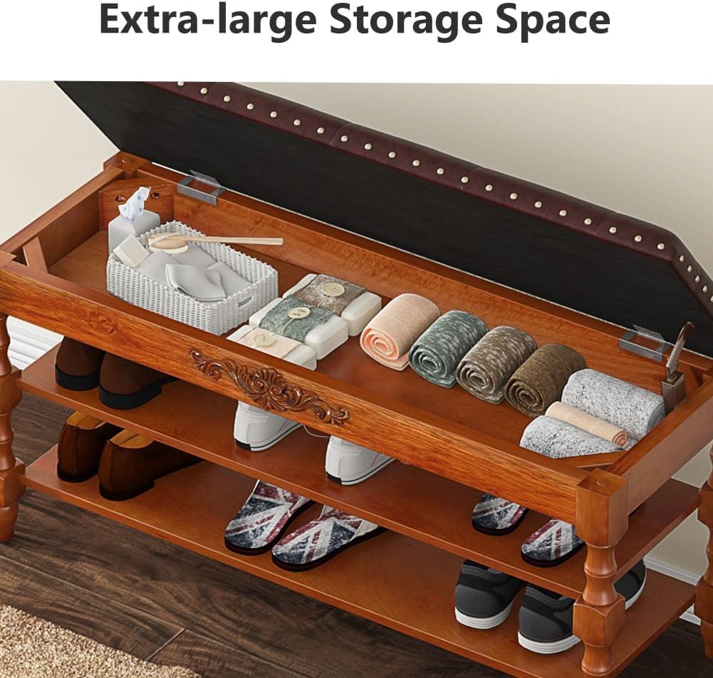 39" Storage Bench, Solid Wood Shoe Bench 8-10 Pair Shoe Organizer with Lift Top