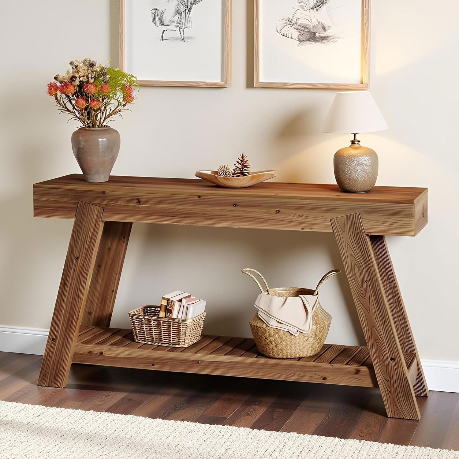 62.9" Console Table, Solid Wood Narrow Sofa Couch Table with Storage for Entryway