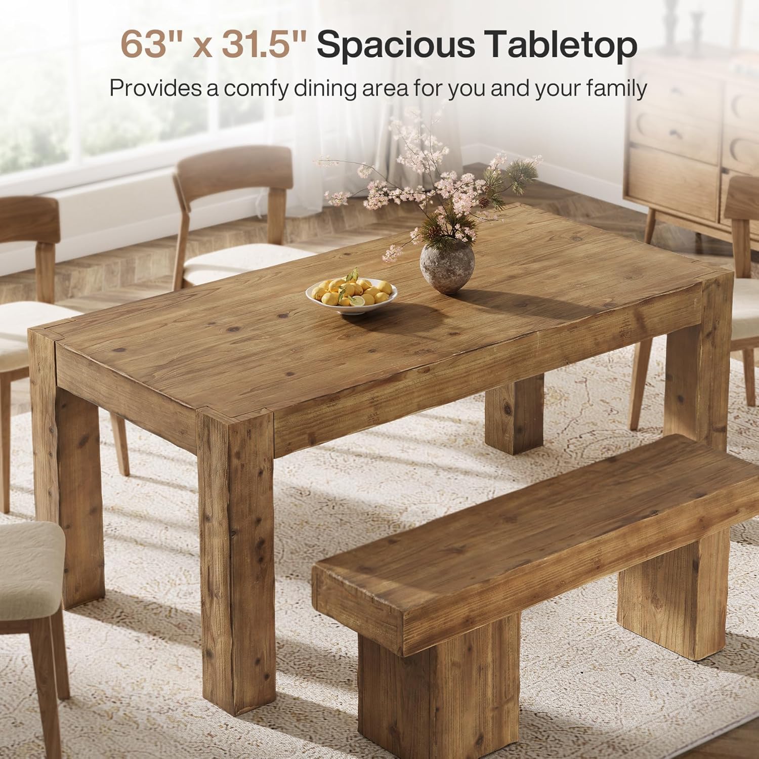 63" Dining Table, Solid Wood Dinner Kitchen Table For 4 To 6 Tribesigns