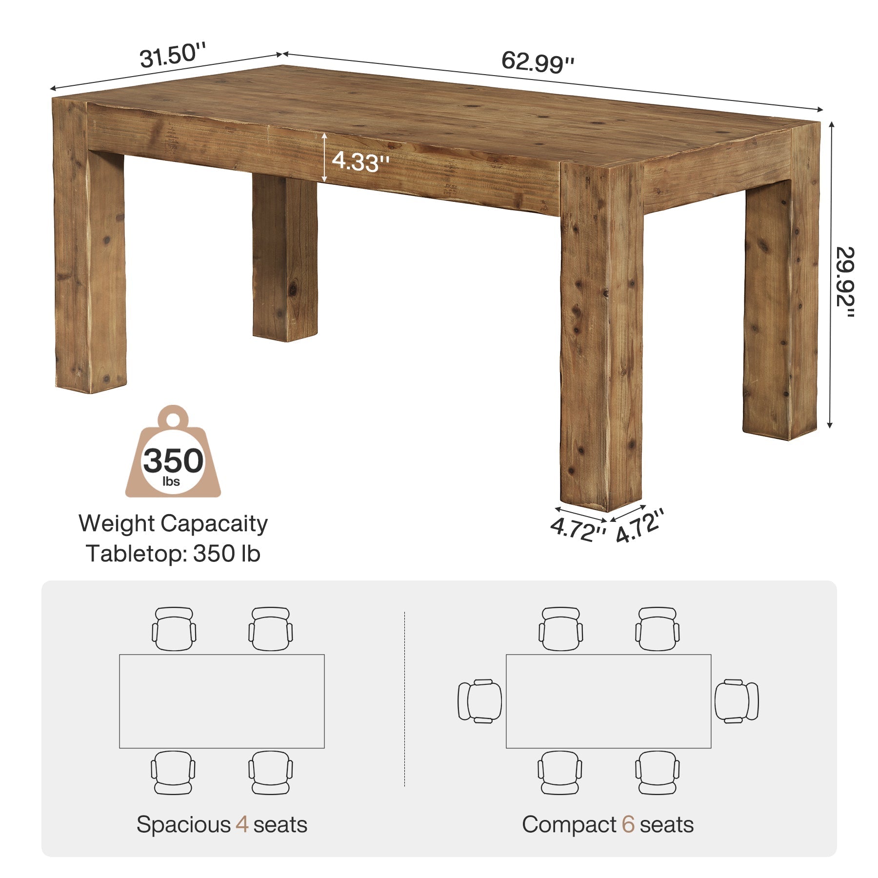 63" Dining Table, Solid Wood Dinner Kitchen Table For 4 To 6 Tribesigns