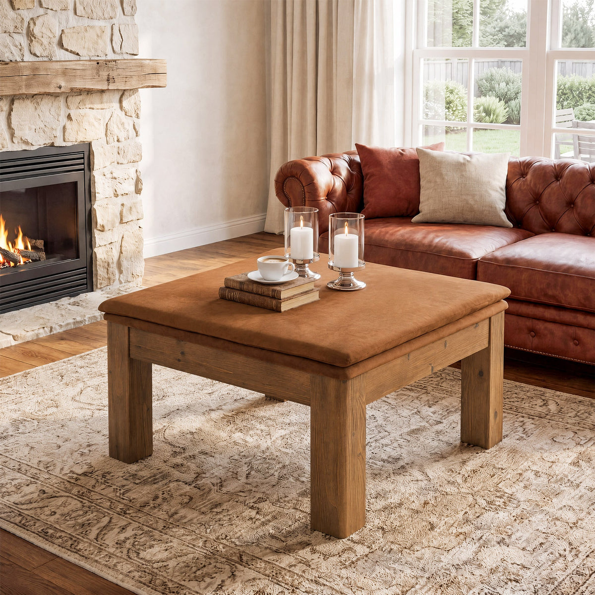 32.28" Square Coffee Table with Solid Wood Frame & Removable Velvet Cushion