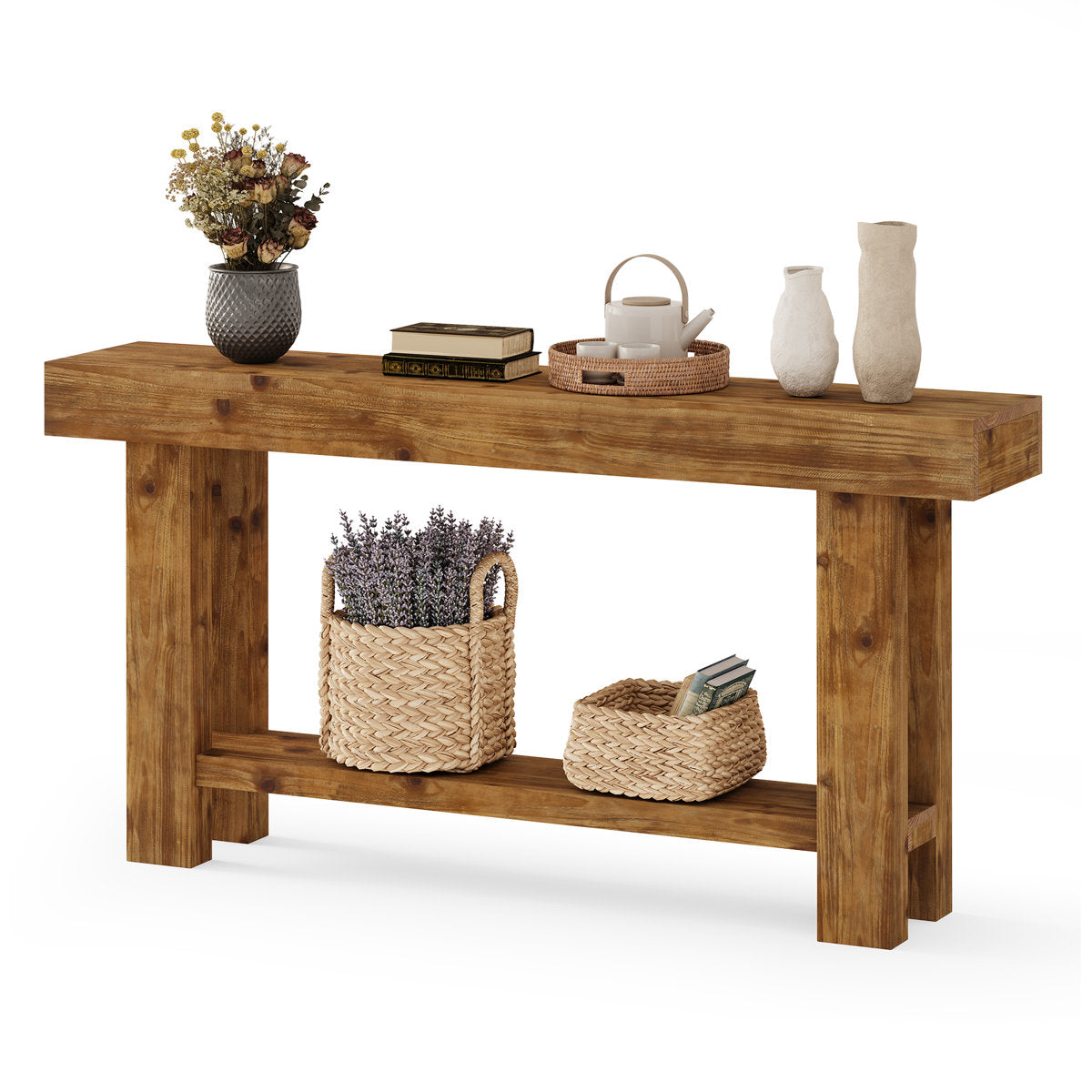 63" Solid Wood Console Table, 2-Tier Narrow Entryway Sofa Table