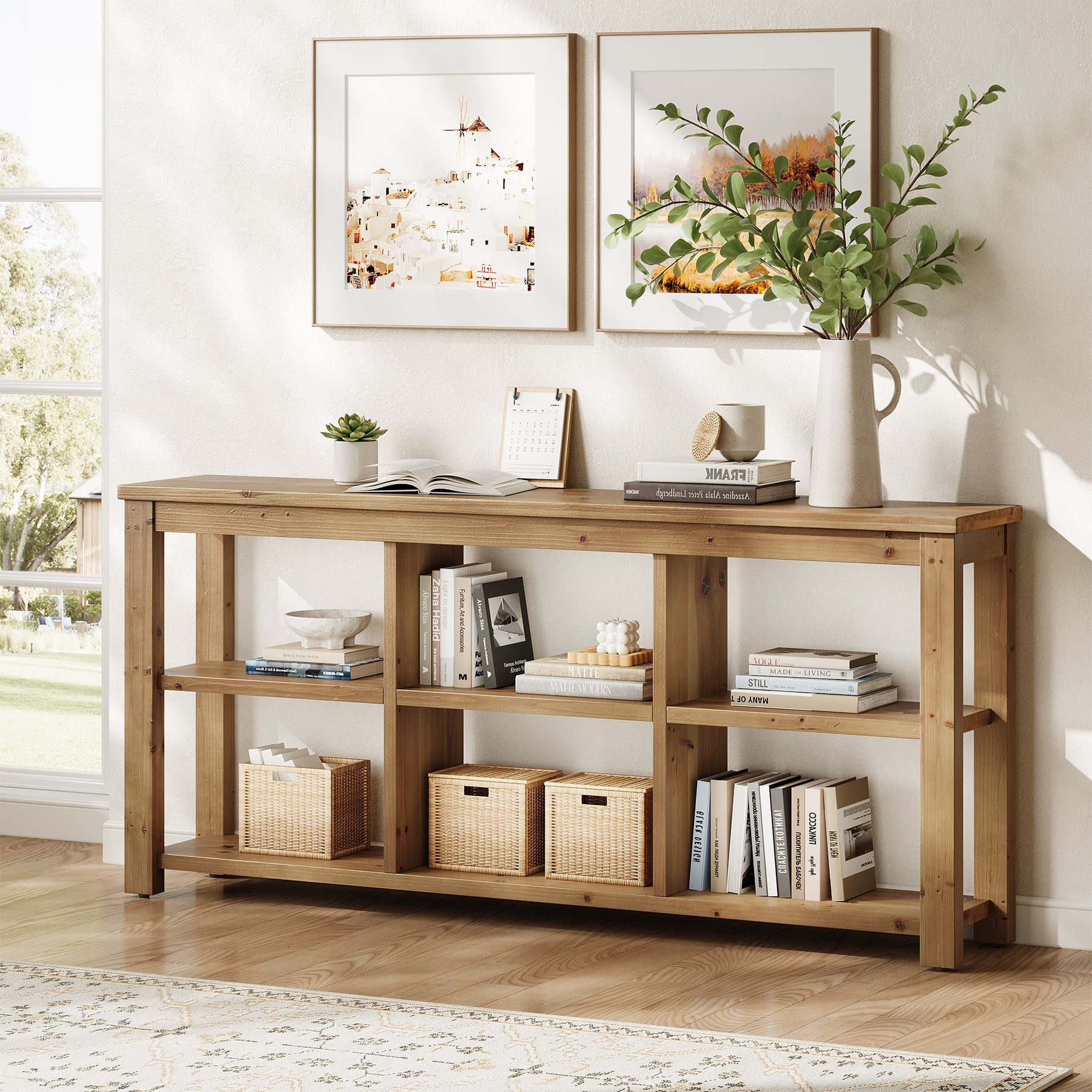 63" Console Table, 3-Tier Solid Wood Sofa Table with 6 Storage Cubes