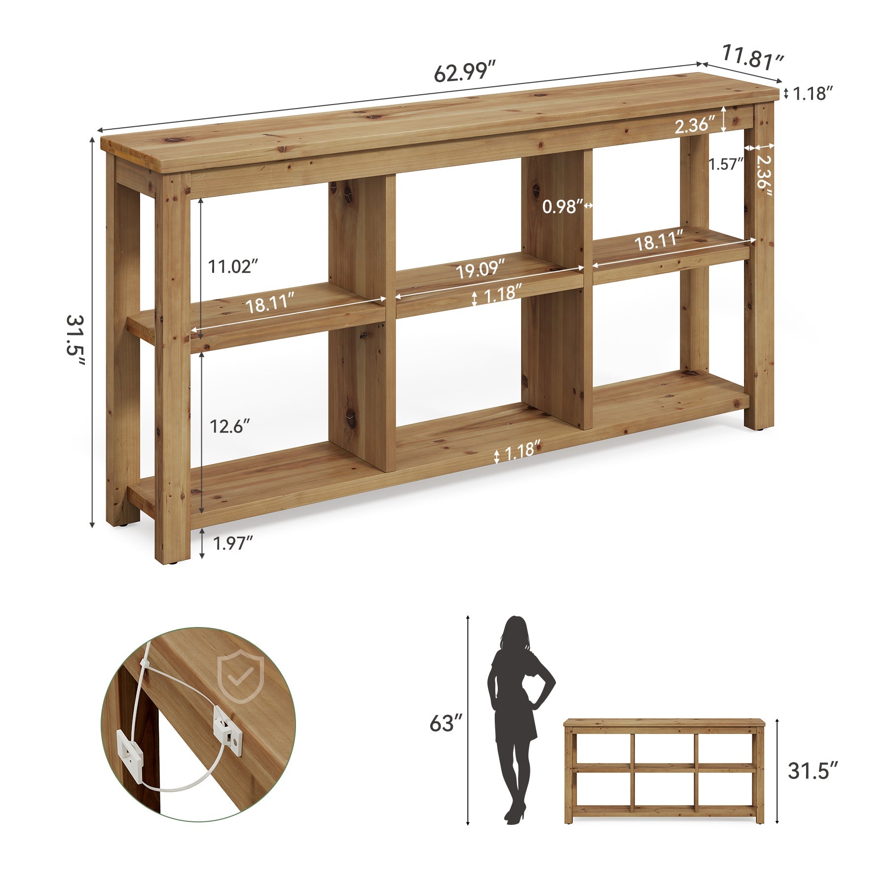 63" Console Table, 3-Tier Solid Wood Sofa Table with 6 Storage Cubes