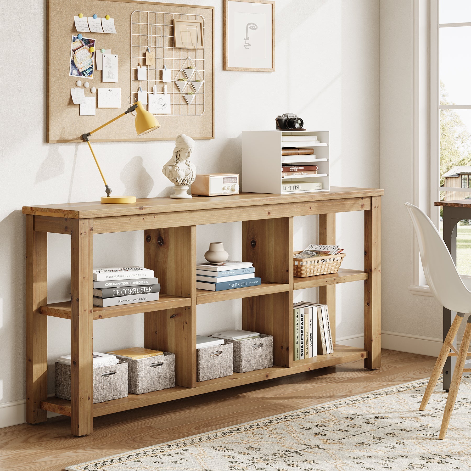 63" Console Table, 3-Tier Solid Wood Sofa Table with 6 Storage Cubes