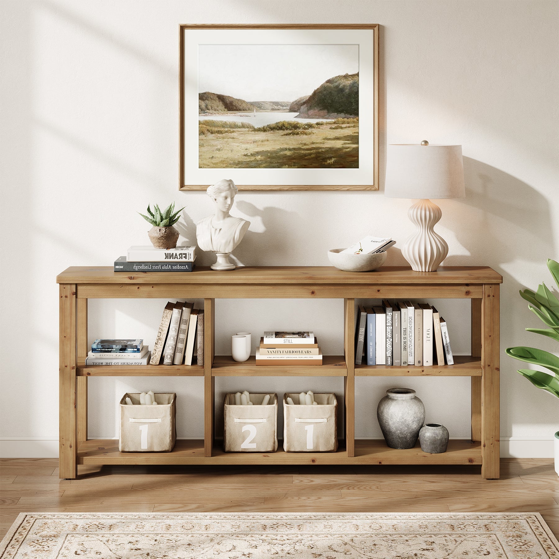 63" Console Table, 3-Tier Solid Wood Sofa Table with 6 Storage Cubes