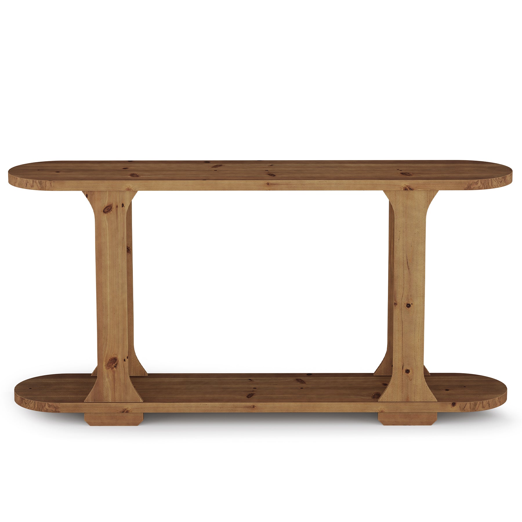 63" Console Table, Solid Wood Oval Curved Sofa Table with 2-Tier Shelf