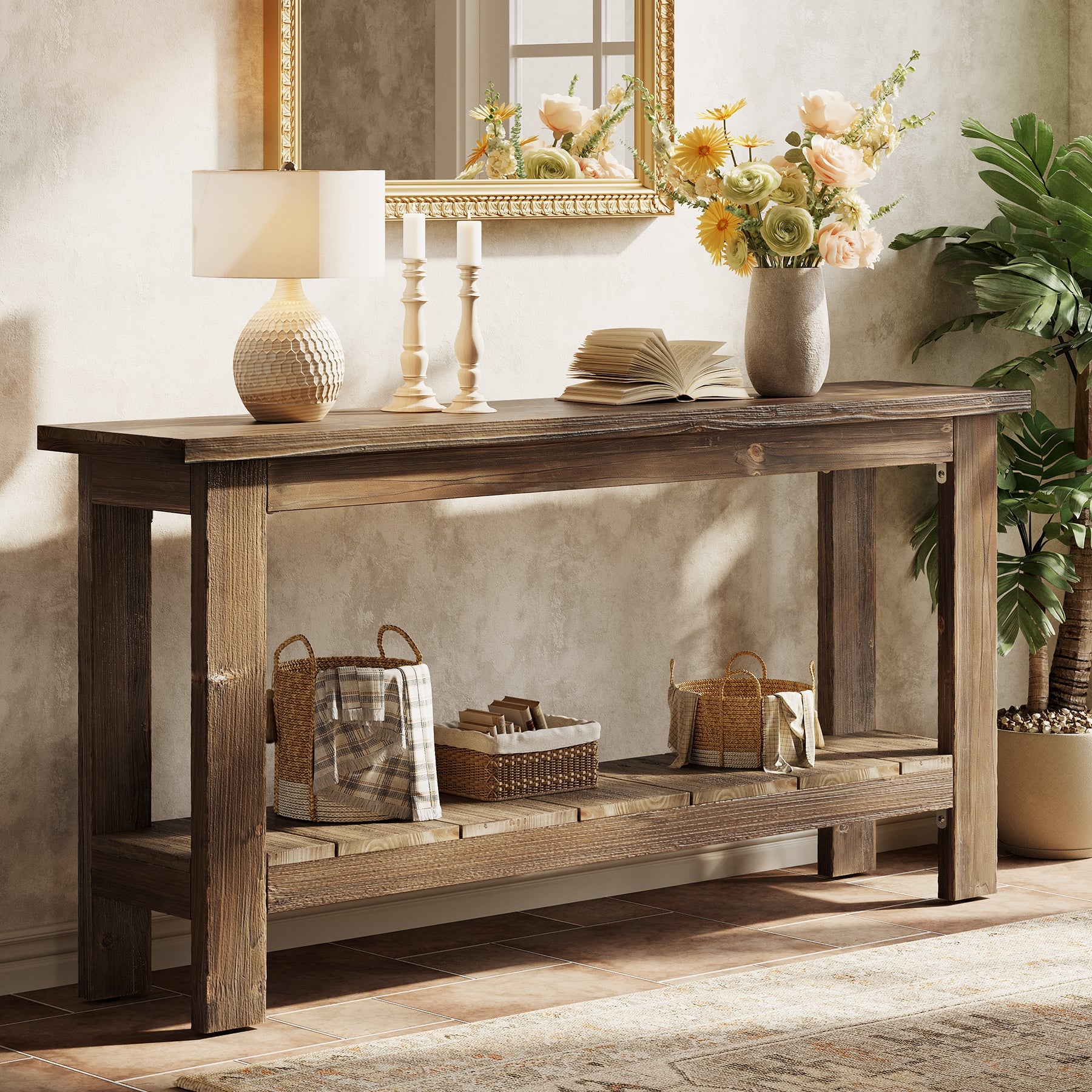 63" Console Table, Solid Wood Sofa Table with 2-Tier Storage Shelf