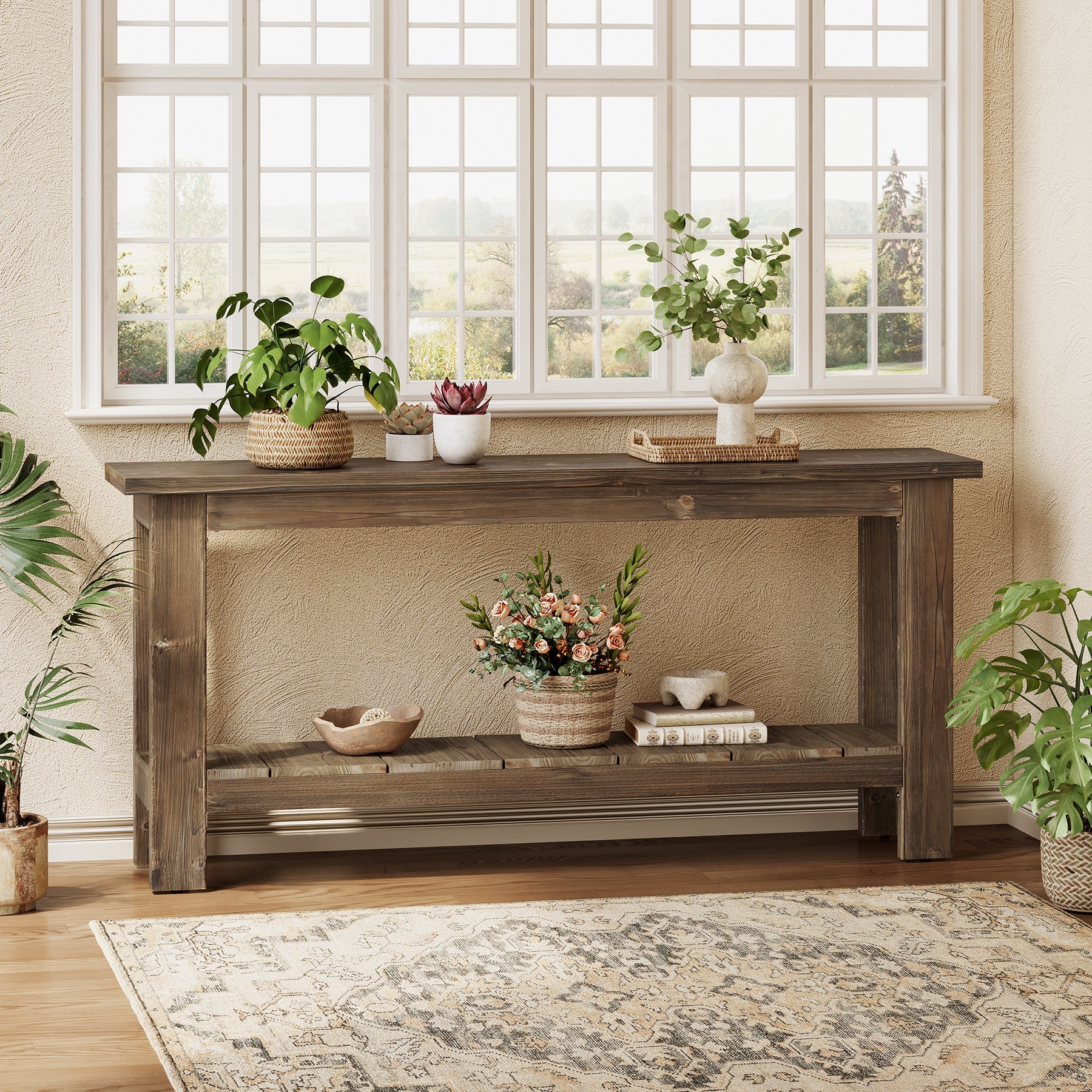 63" Console Table, Solid Wood Sofa Table with 2-Tier Storage Shelf