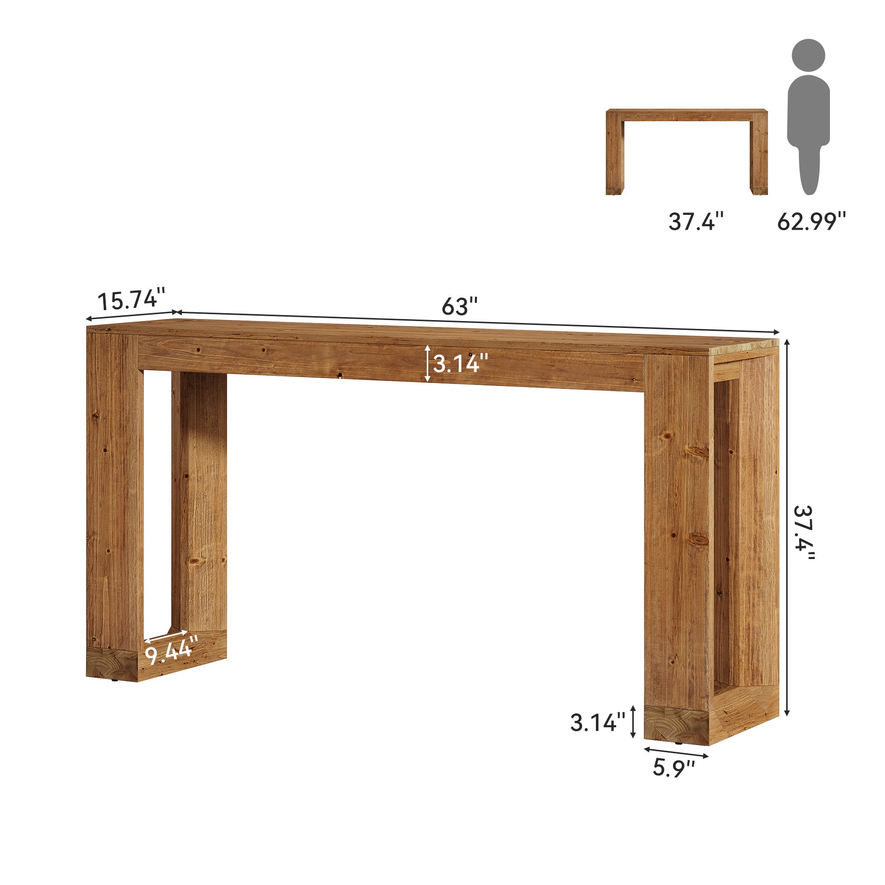 63" Console Table, Solid Wood Sofa Table with Reinforced Base