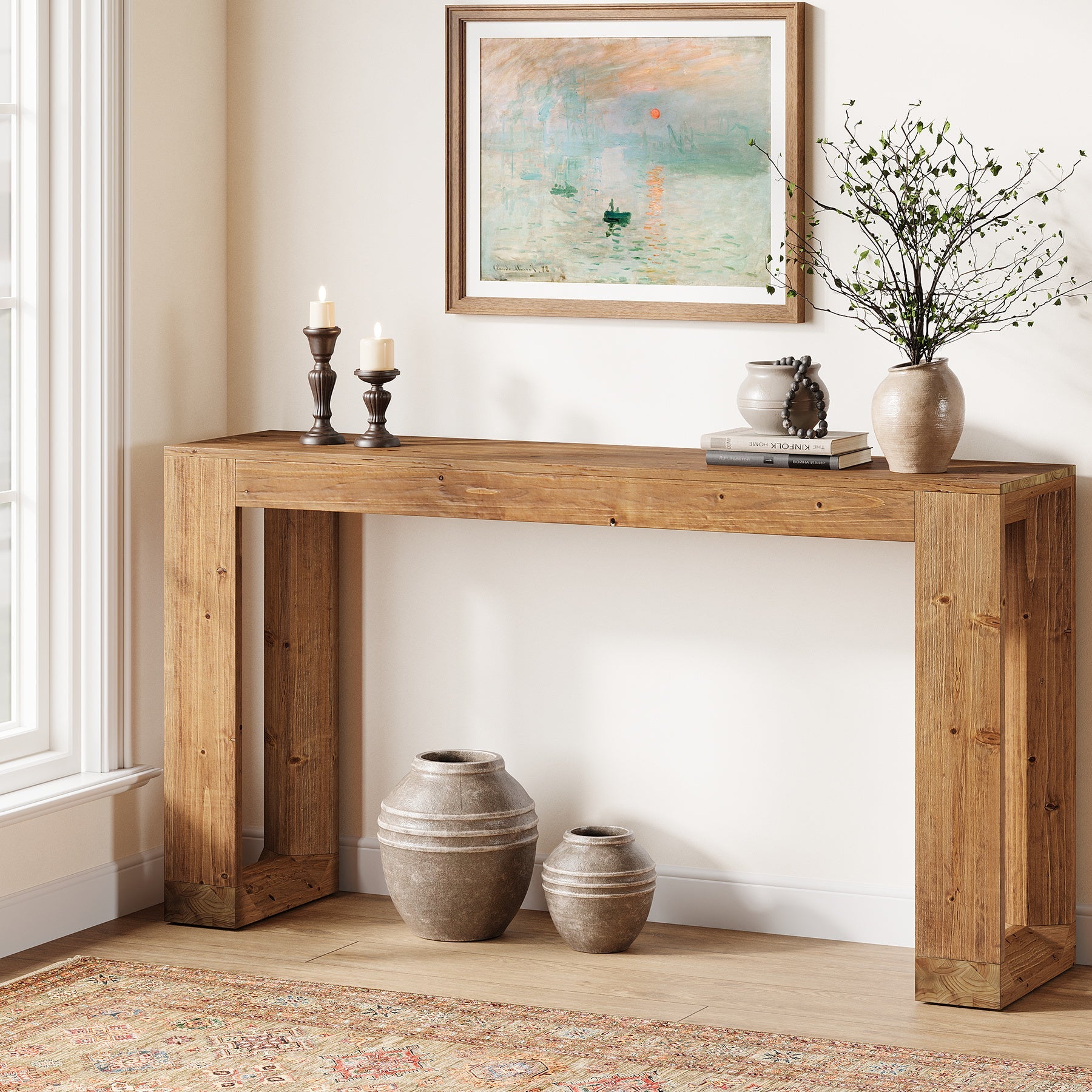 63" Console Table, Solid Wood Sofa Table with Reinforced Base