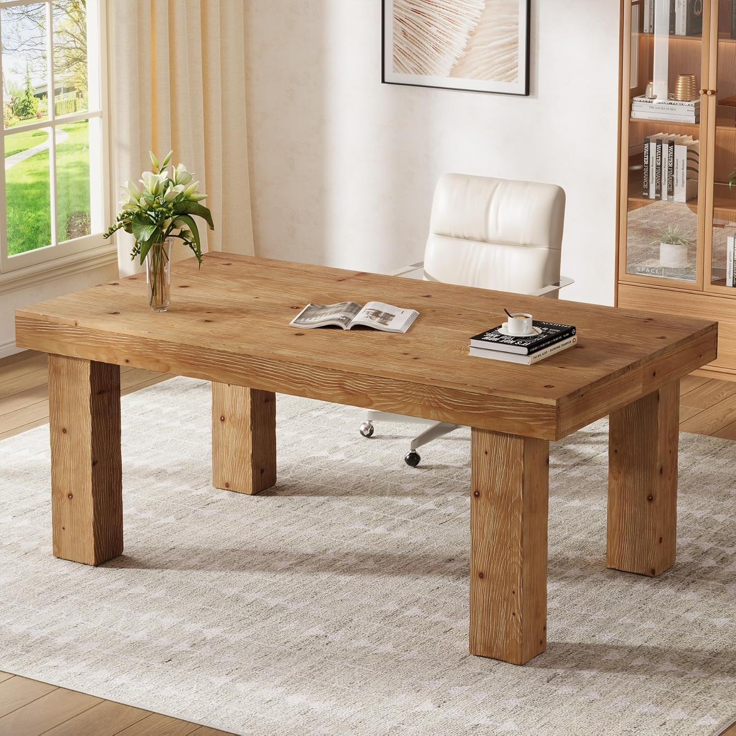 63" Executive Desk, Solid Wood Home Office Computer Desk with Sturdy Wooden Legs