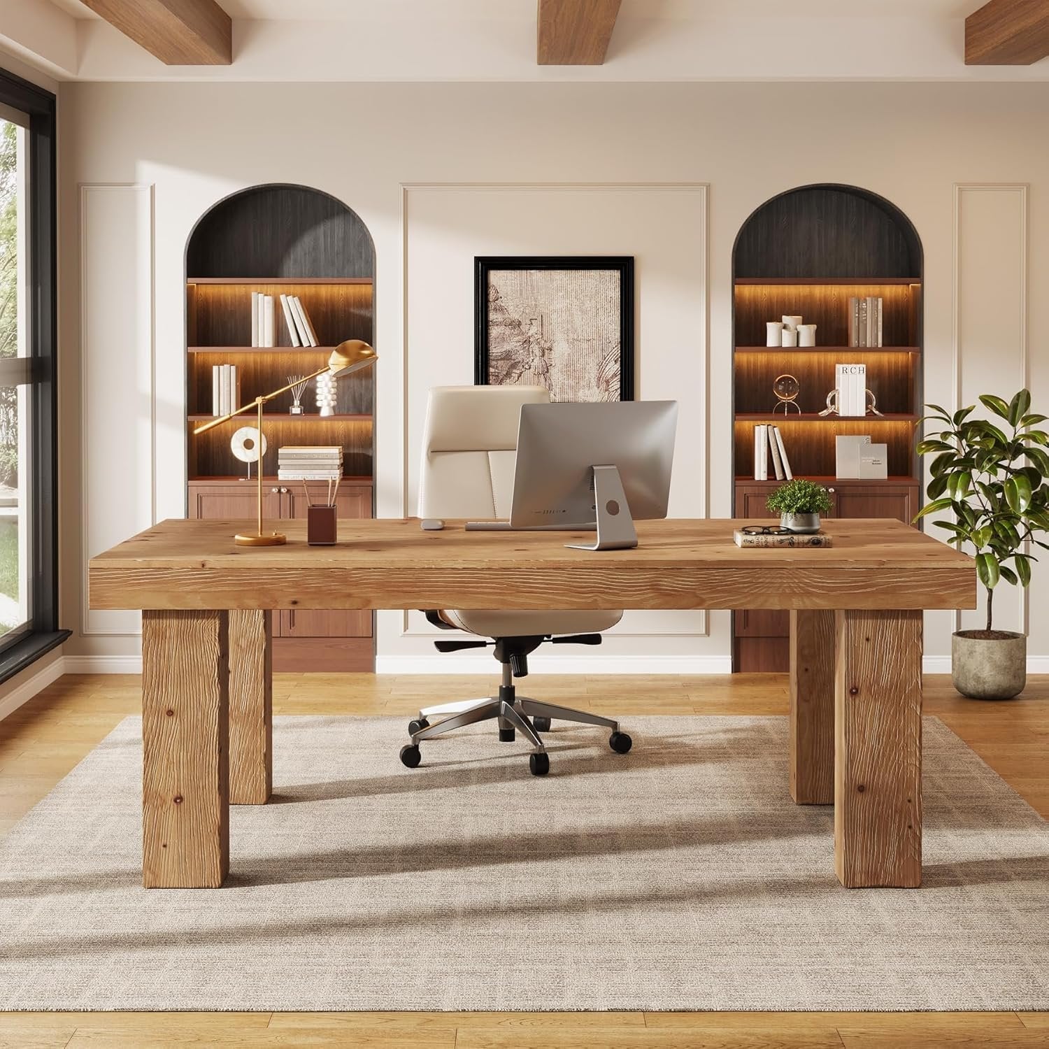 63" Executive Desk, Solid Wood Home Office Computer Desk with Sturdy Wooden Legs