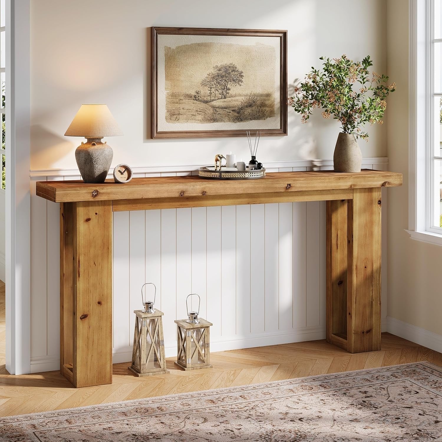63" Solid Wood Console Table, Farmhouse Rectangular Sofa Table Behind The Couch