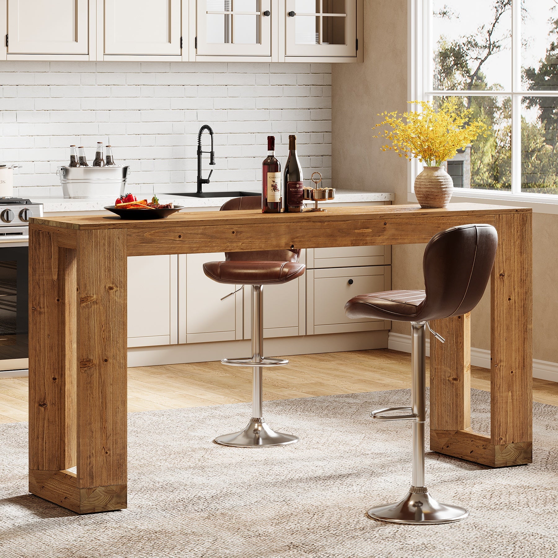 63" Wood Bar Table Farmhouse Counter Height Pub Table Coffee Bar Units