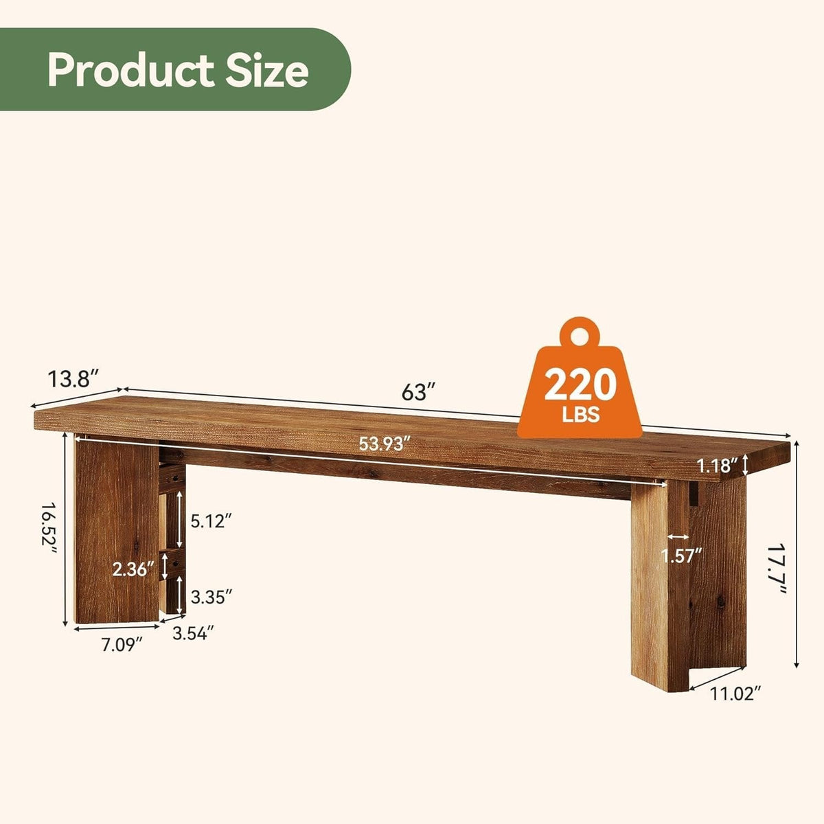 63" Wood Bench, Farmhouse Entryway Bench End of Bed Bench with Thickened Legs