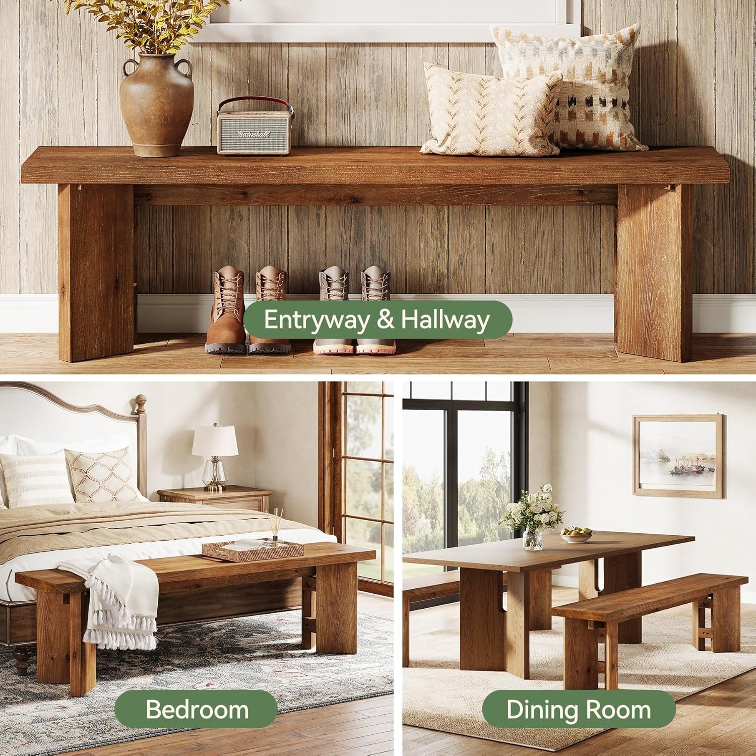 63" Wood Bench, Farmhouse Entryway Bench End of Bed Bench with Thickened Legs