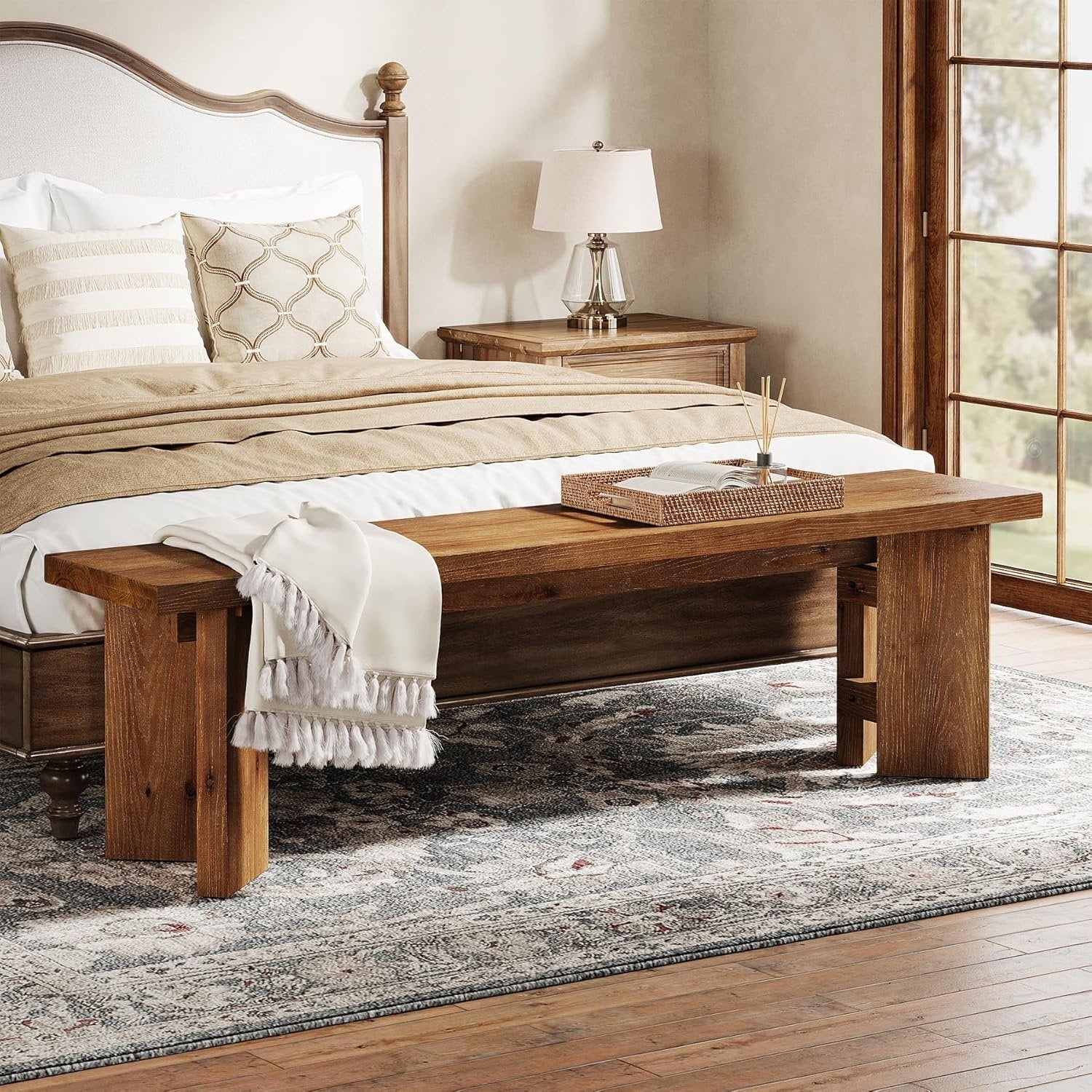 63" Wood Bench, Farmhouse Entryway Bench End of Bed Bench with Thickened Legs