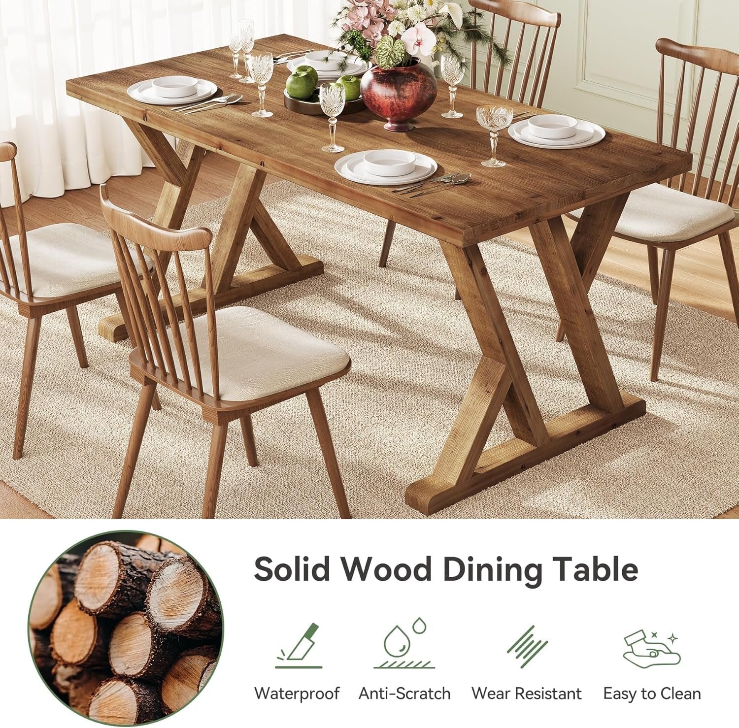 63" Wood Dining Table, Farmhouse Kitchen Dinner Table for 4-6 People